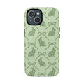 MagSafe tough phone case with floral bunny pattern in sage green