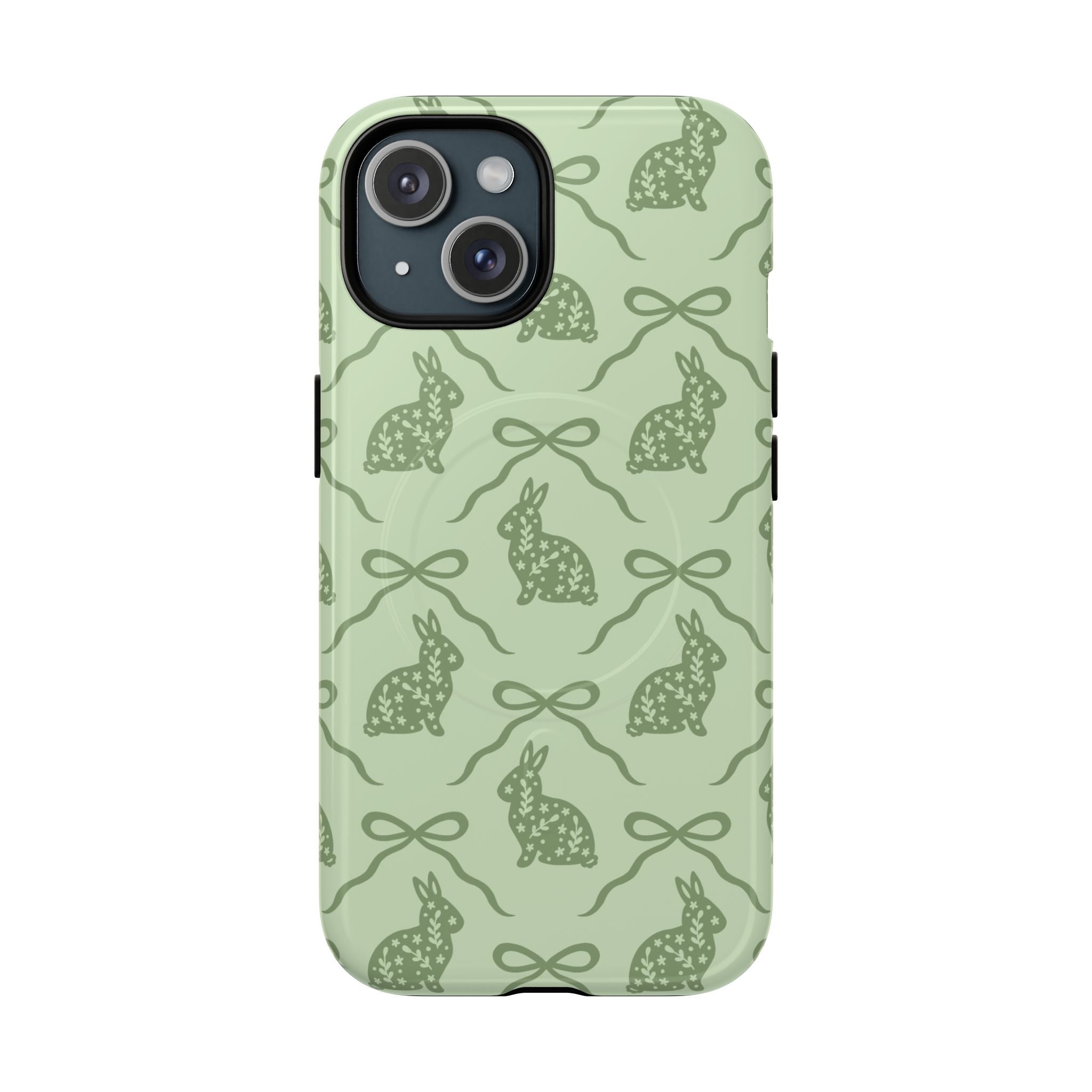 MagSafe tough phone case with floral bunny pattern in sage green