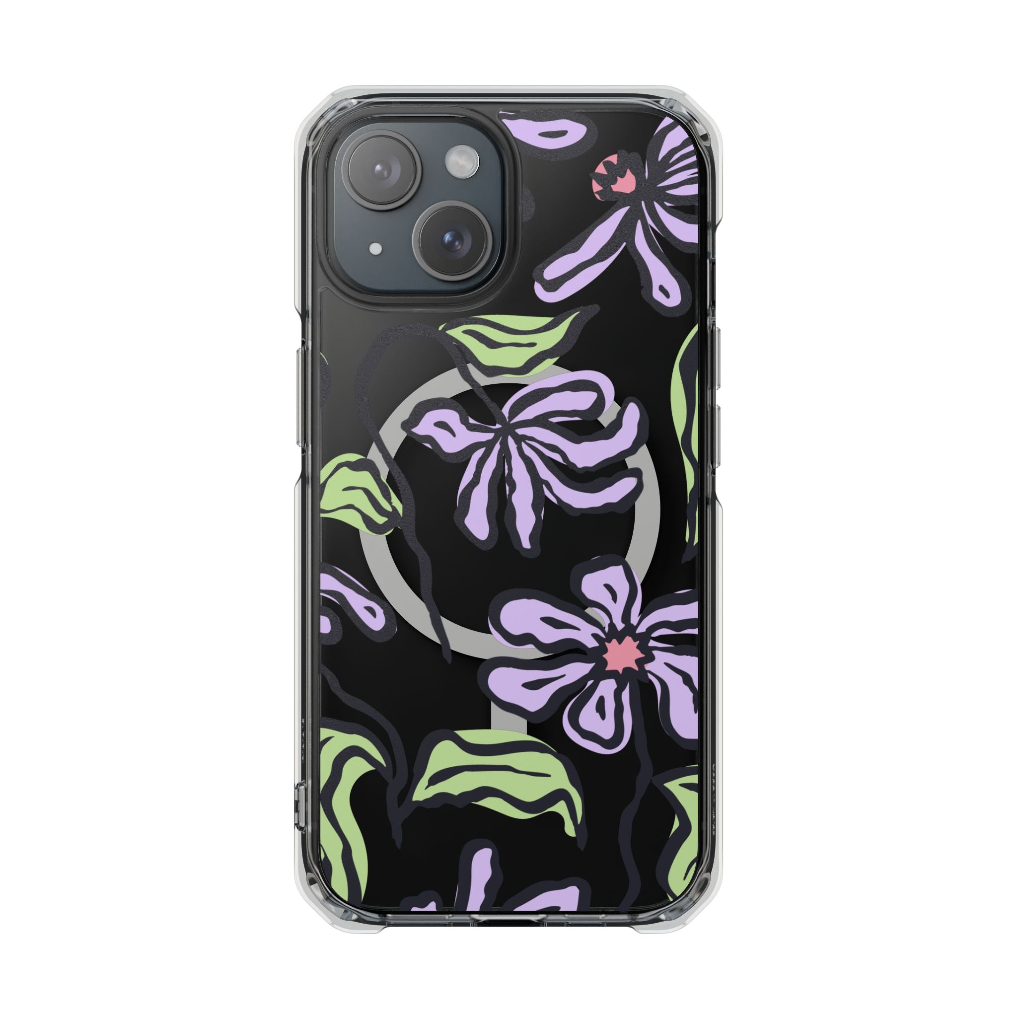 Clear MagSafe Phone Case with Purple Floral Sketch Design