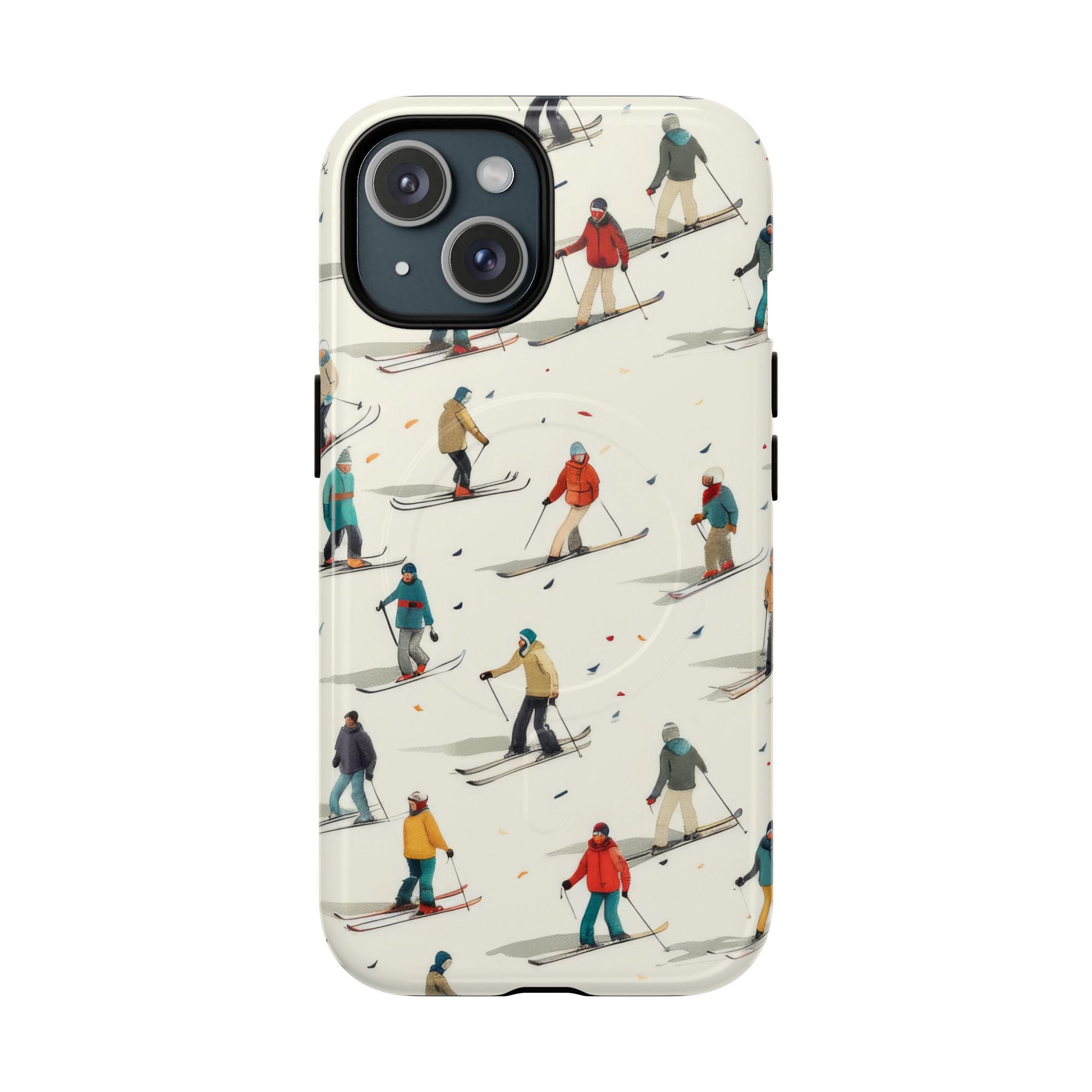 Tough MagSafe phone case with retro skiers pattern design on white iPhone