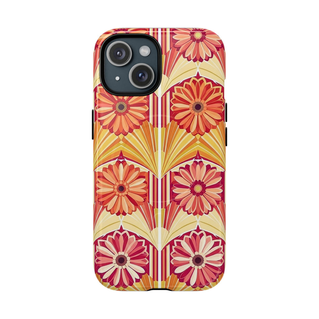 MagSafe tough phone case with retro floral pattern in orange and coral