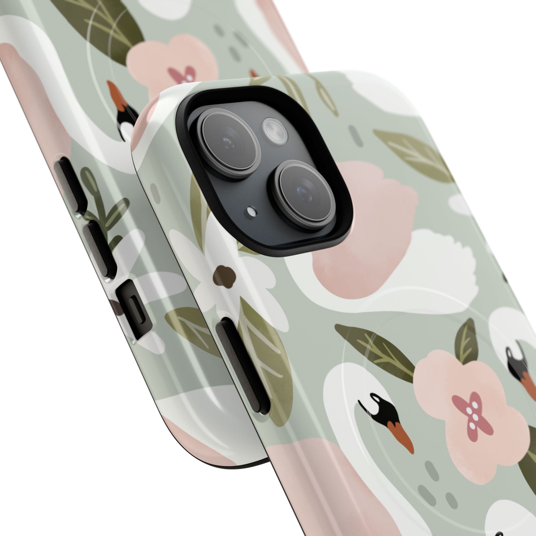  Hand-painted watercolor illustration featuring elegant white swans among delicate blush pink and peach floral blooms on muted sage green background, creating a serene nature-inspired aesthetic on dual-layer MagSafe-compatible protective phone case with polycarbonate shell