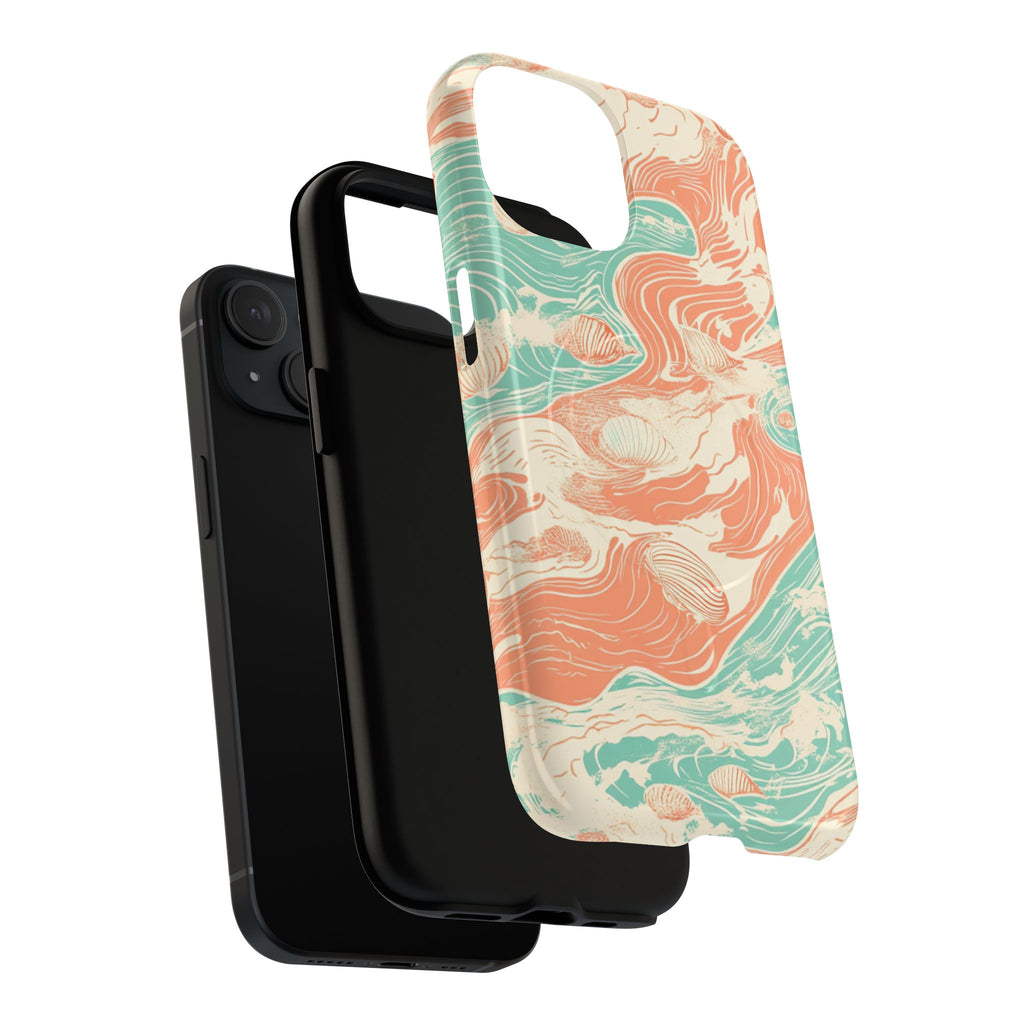 Ocean beach aesthetic iPhone case with marble pattern in seafoam and coral tones
