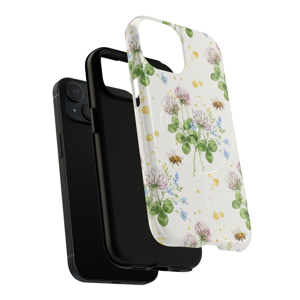 Dual-layer tough magnetic phone case showing floral clover and bees garden design