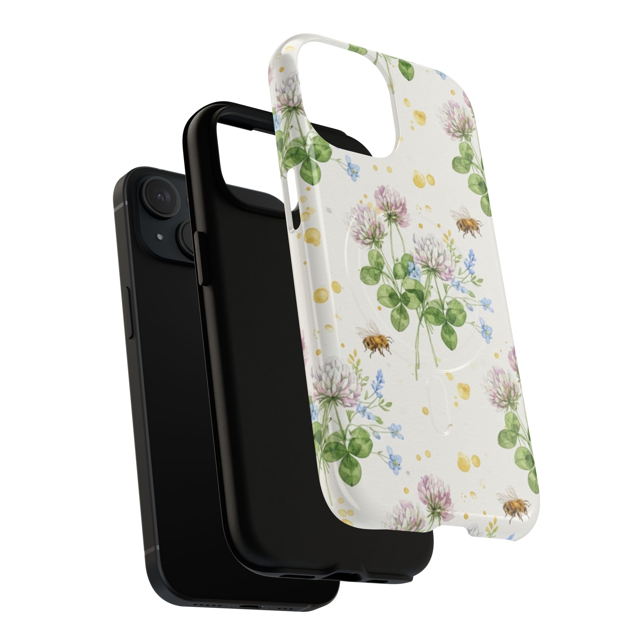 Dual-layer tough magnetic phone case showing floral clover and bees garden design