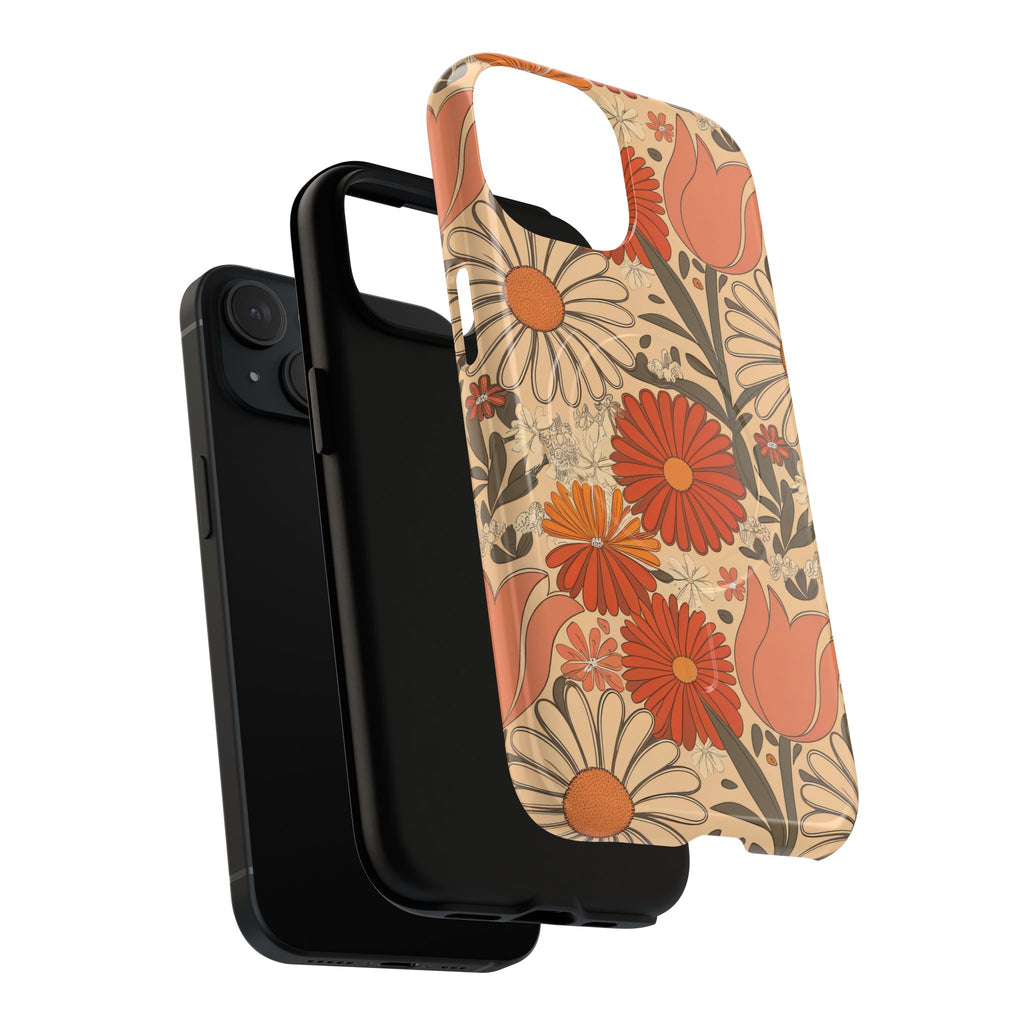 Dual-layer tough magnetic phone case showing retro floral orange daisy and tulip design