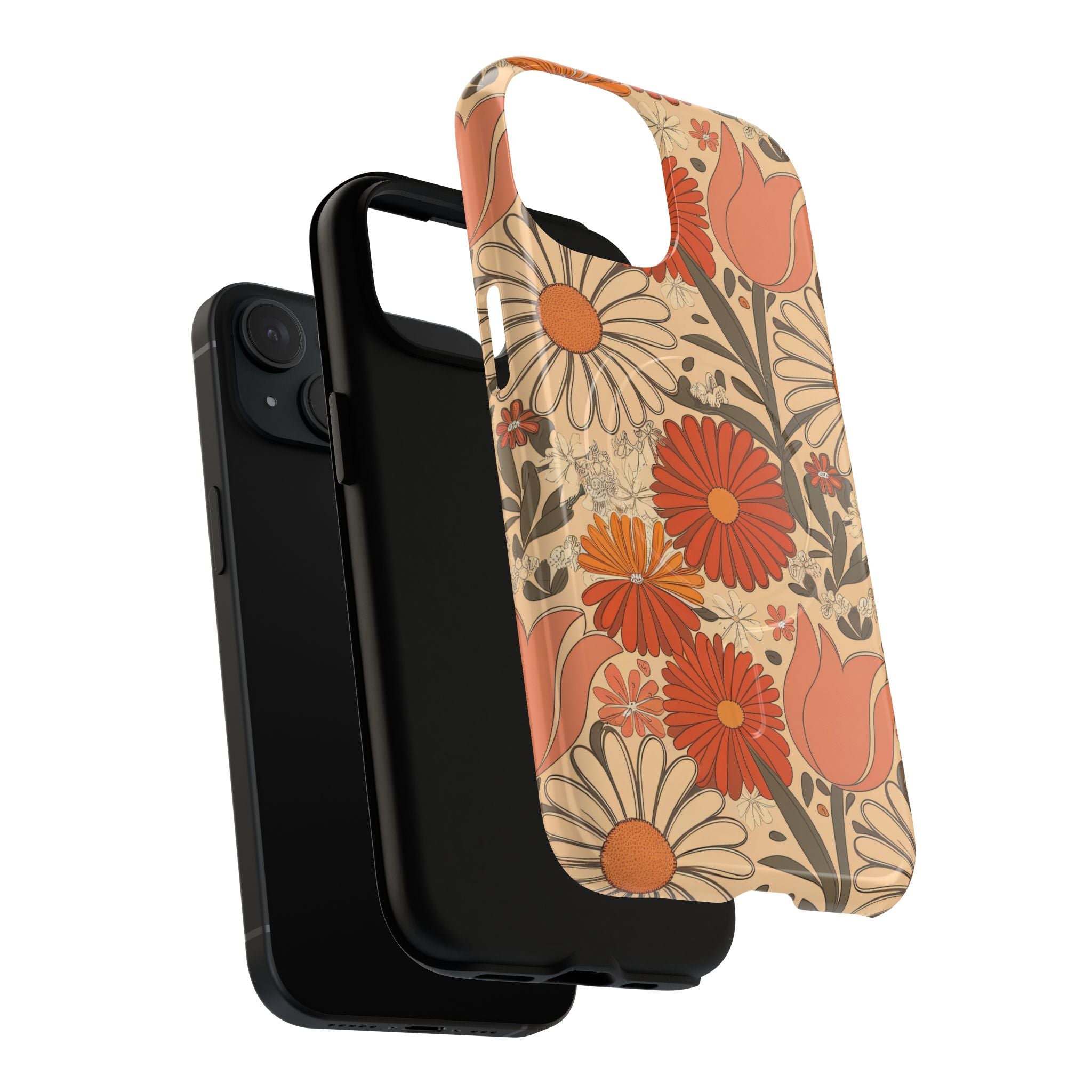 Dual-layer tough magnetic phone case showing retro floral orange daisy and tulip design
