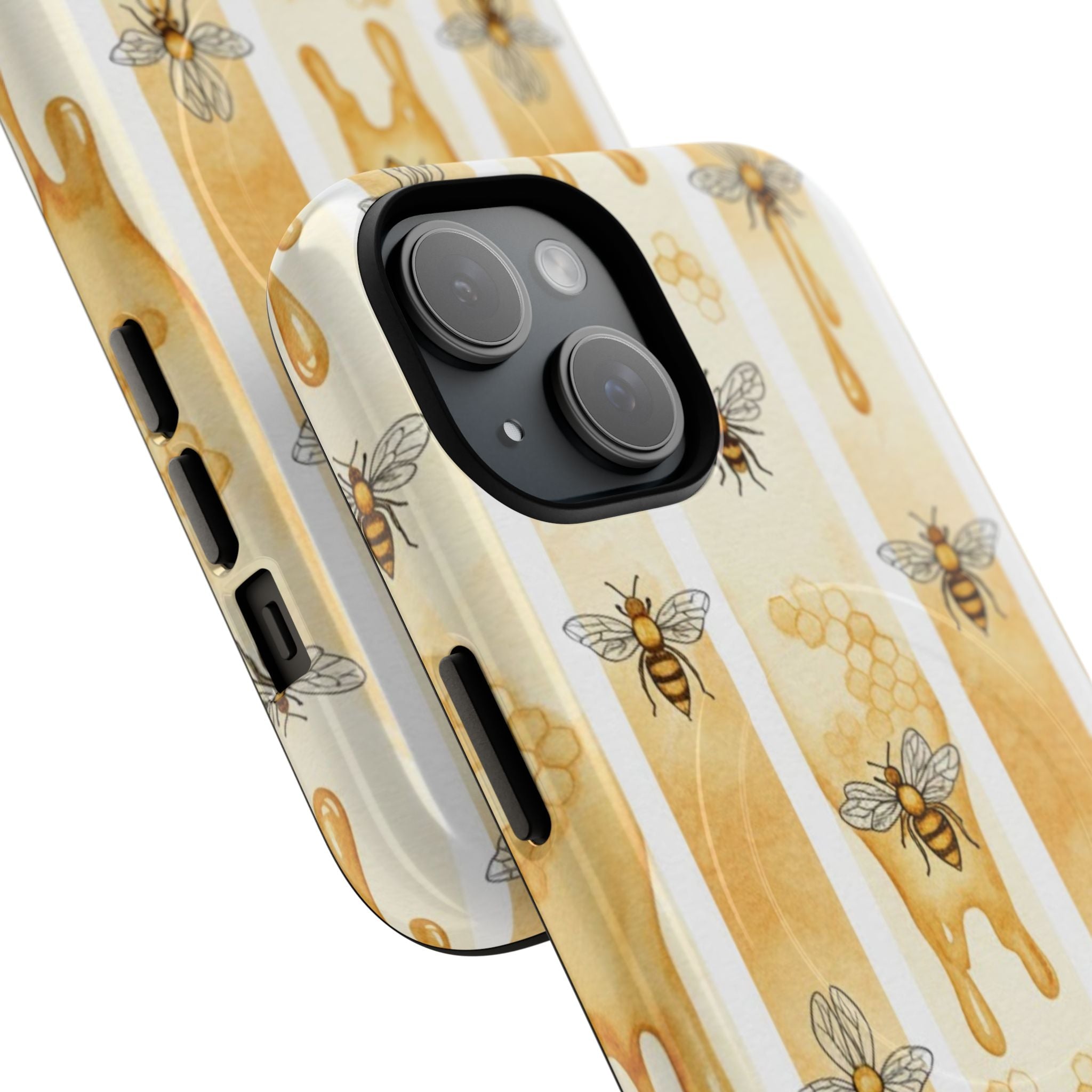 Golden honey drip pattern with delicate bees and honeycomb in soft watercolor tones for nature-inspired phone protection