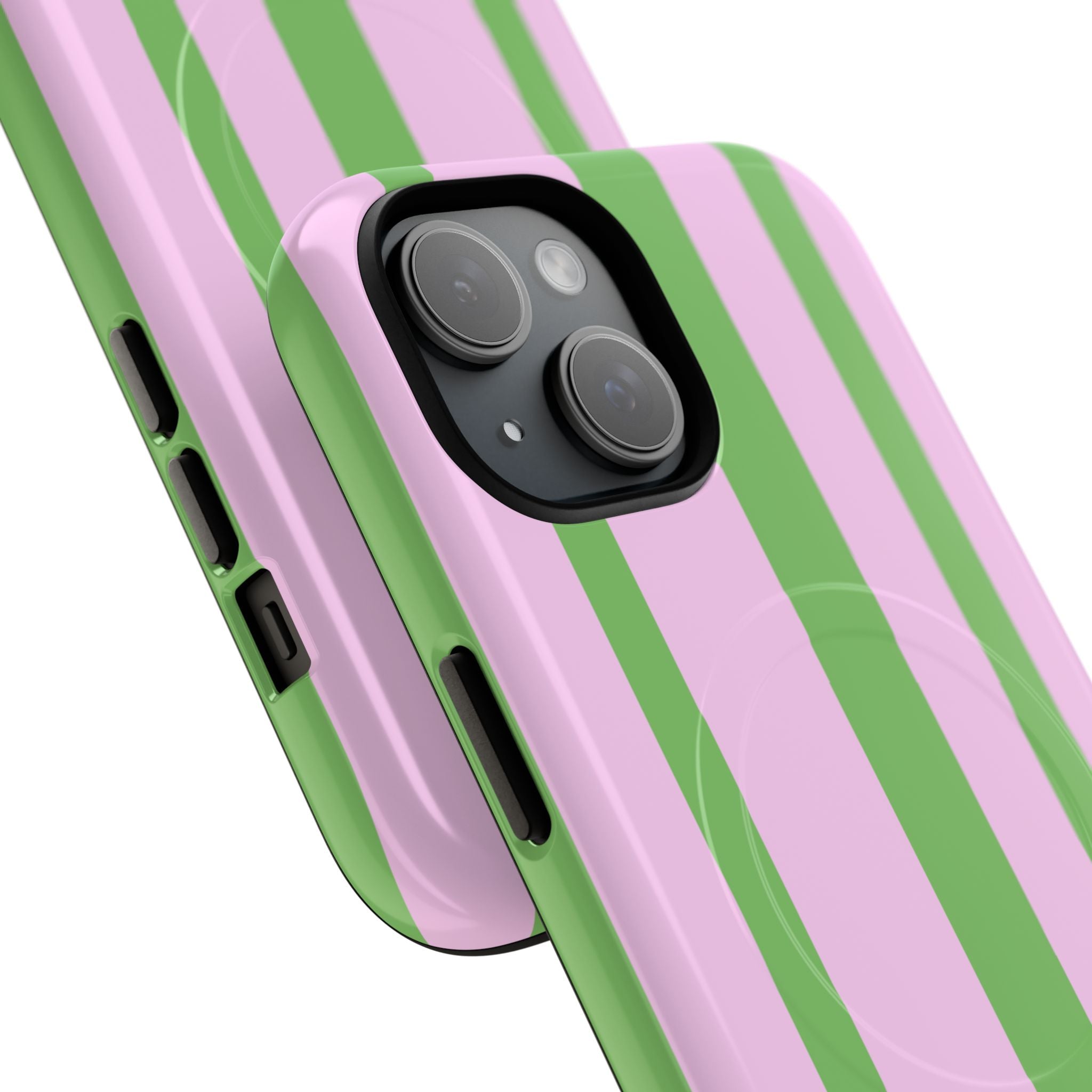 Playful pink and green striped MagSafe iPhone case featuring soft lavender and fresh green retro stripes - dual-layer magnetic tough protective phone case with cheerful pastel design, compatible with iPhone 14, 15, 16, 17 and Pro Max models