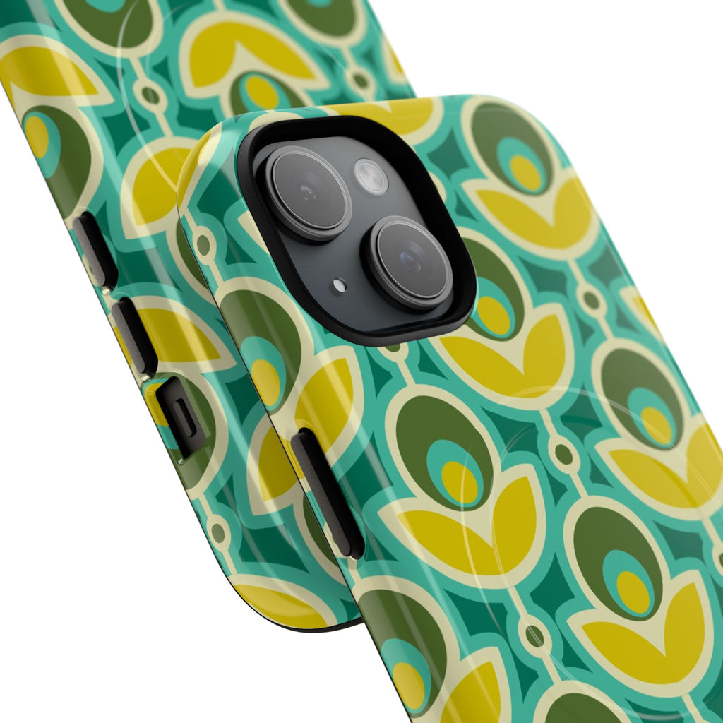MagSafe Tough Phone Case — Retro Floral Green & Yellow Geometric Pattern