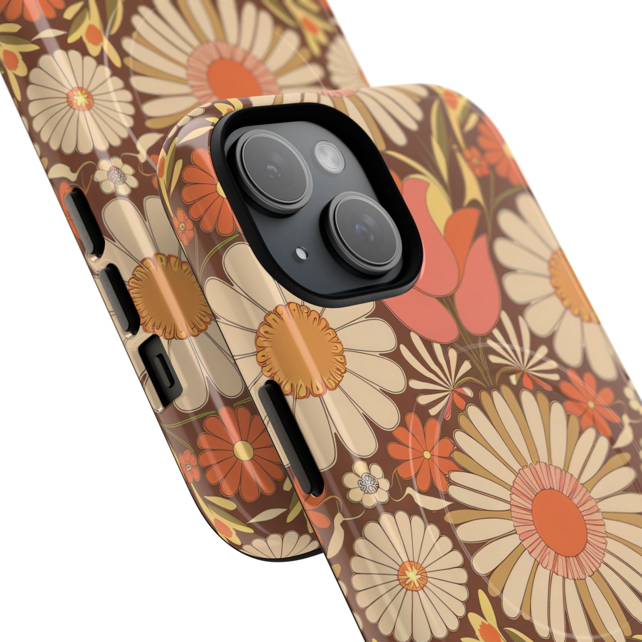 Vintage 70s daisy and tulip pattern in rust, cream, and muted olive with retro floral design for nostalgic phone protection