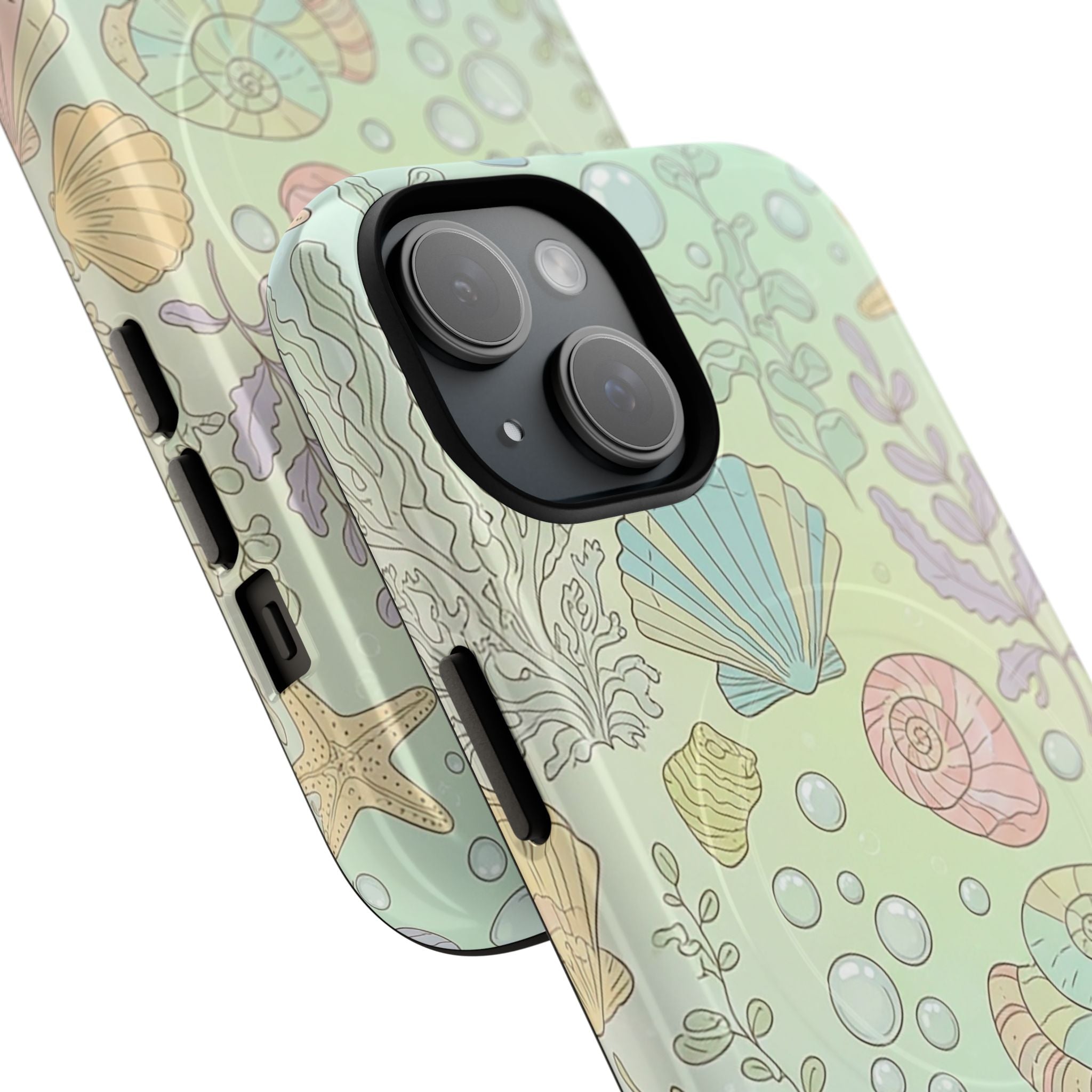 Whimsical pastel seashell and coral illustration in soft beachy tones with delicate linework on MagSafe-compatible phone case