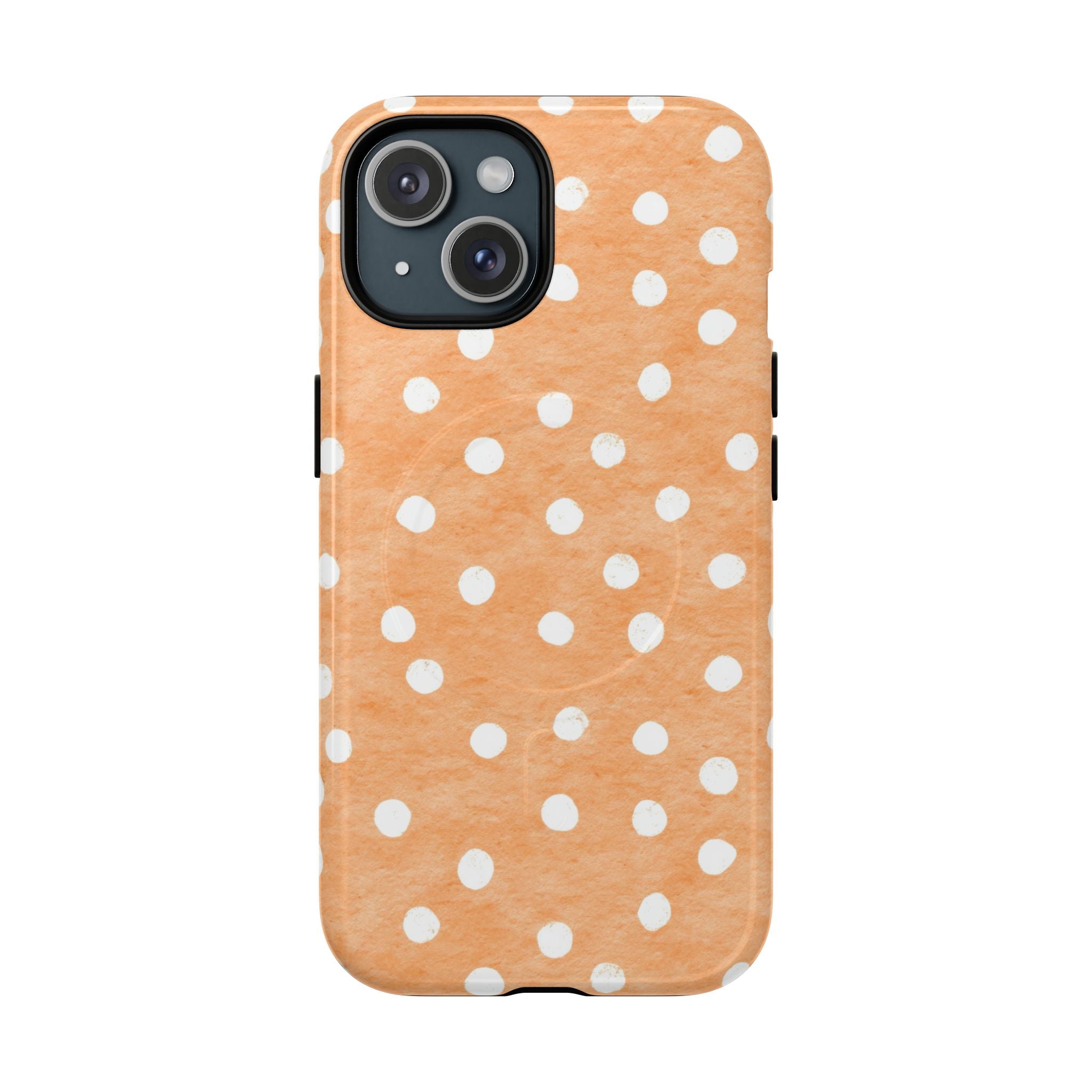 Tough MagSafe phone case with peachy orange polka dot pattern on white iPhone