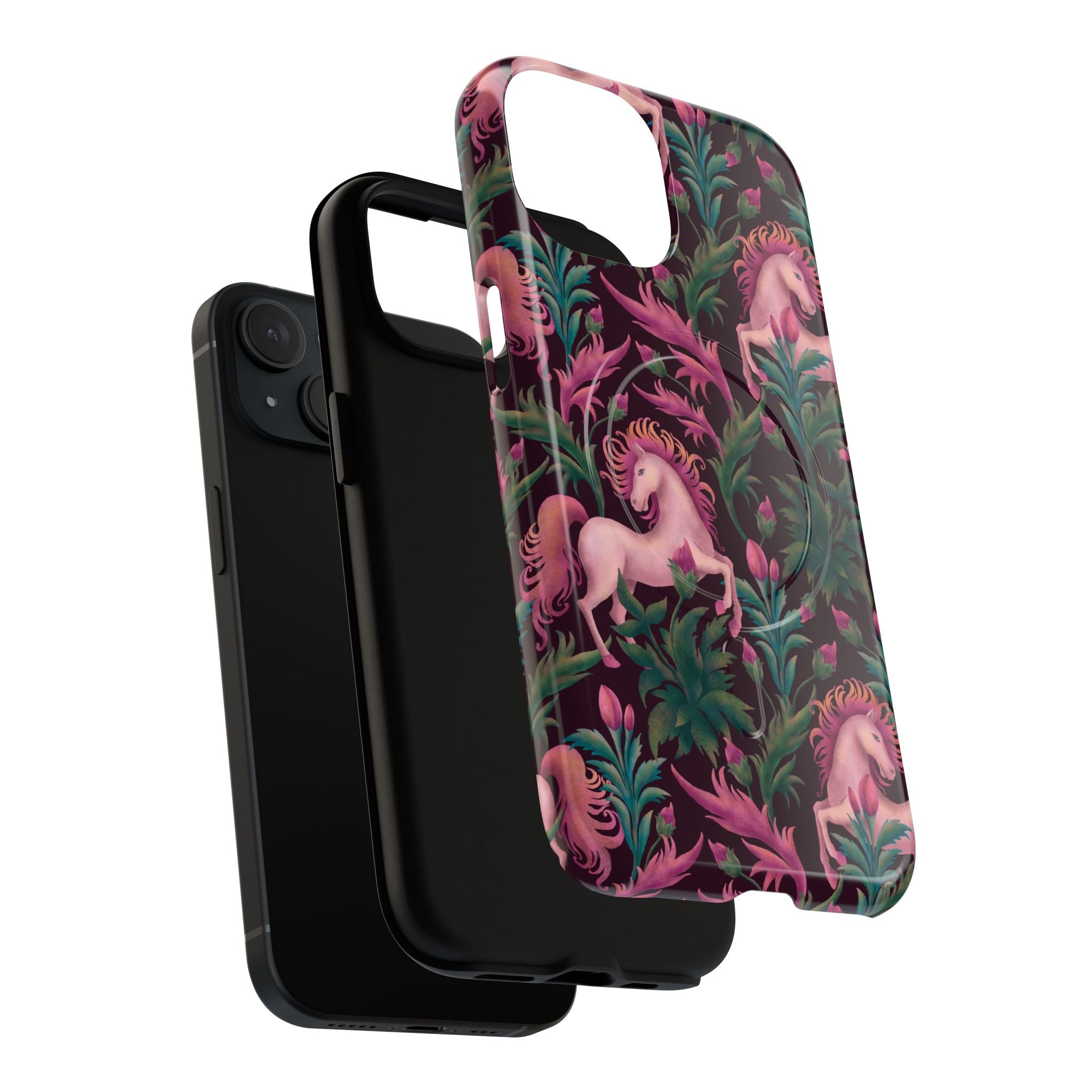  Unicorn floral tough magnetic case showing MagSafe compatibility and dual-layer construction with enchanted garden design