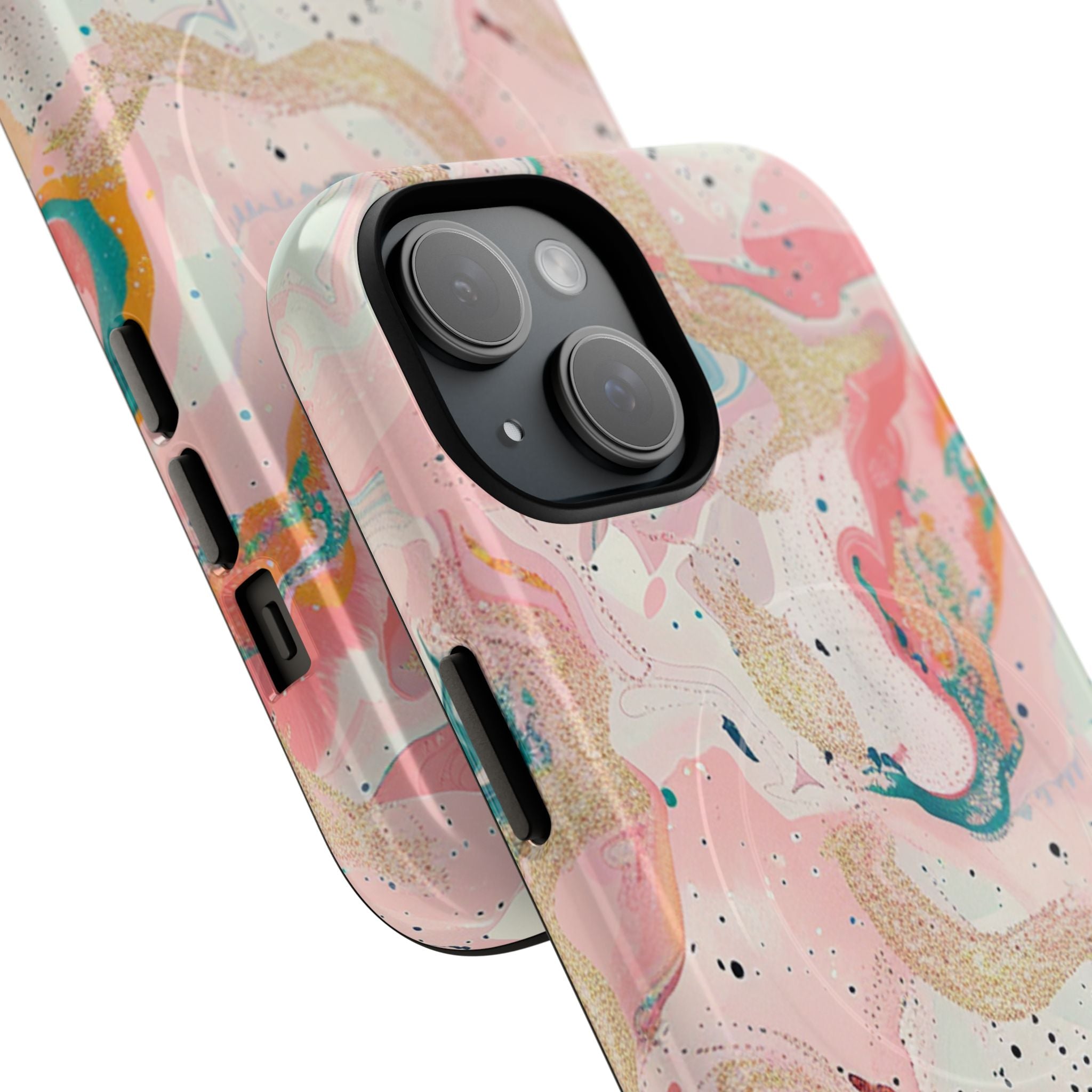 Pink gold marble swirl MagSafe phone case with watercolor-inspired abstract design featuring soft teal, blush pink, and warm gold flowing patterns - dual-layer protective iPhone cover with wireless charging compatibility