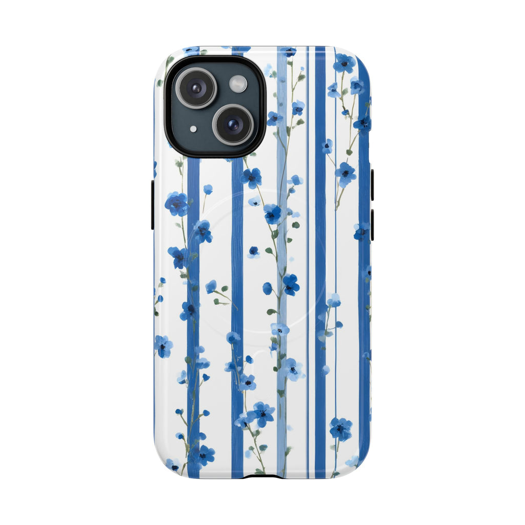 Blue floral stripe MagSafe phone case with pastel blossom design on white background