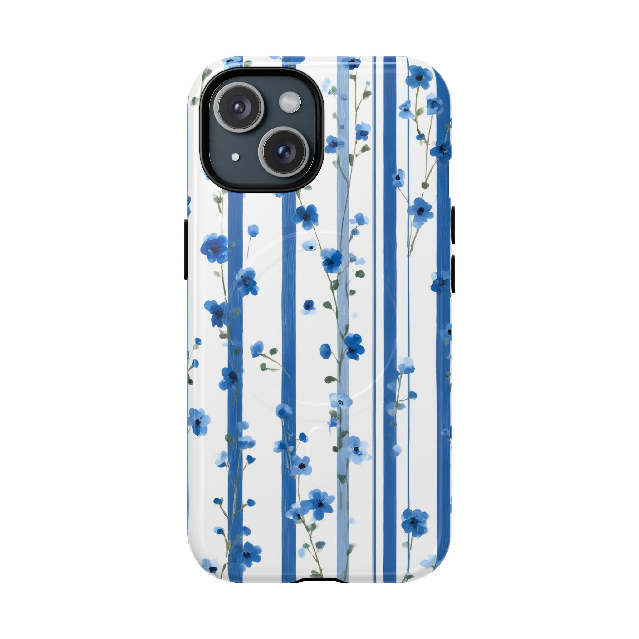 Blue floral stripe MagSafe phone case with pastel blossom design on white background