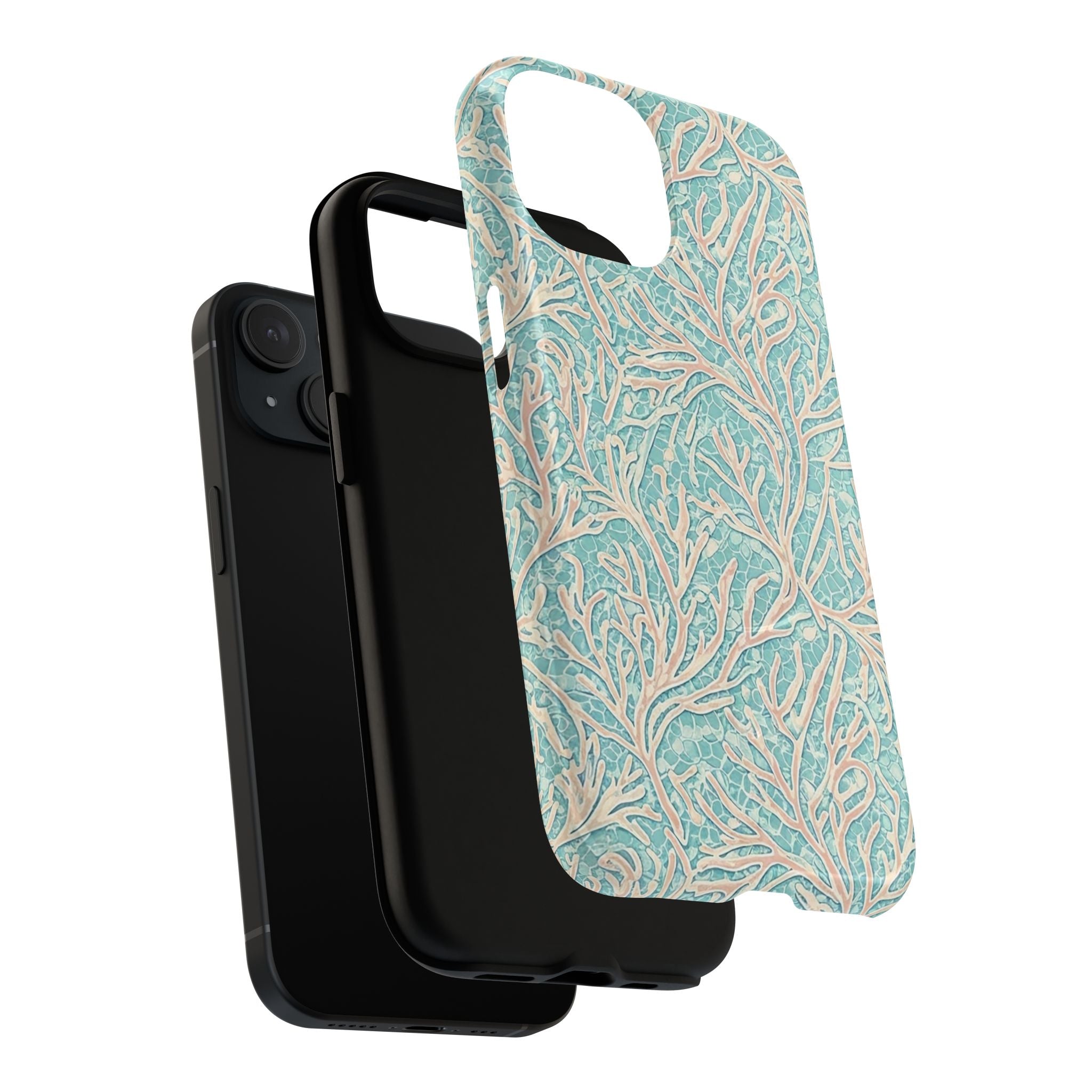  Seafoam Coral Tough Magnetic Phone Case showing dual-layer protective construction with glossy and matte finish options
