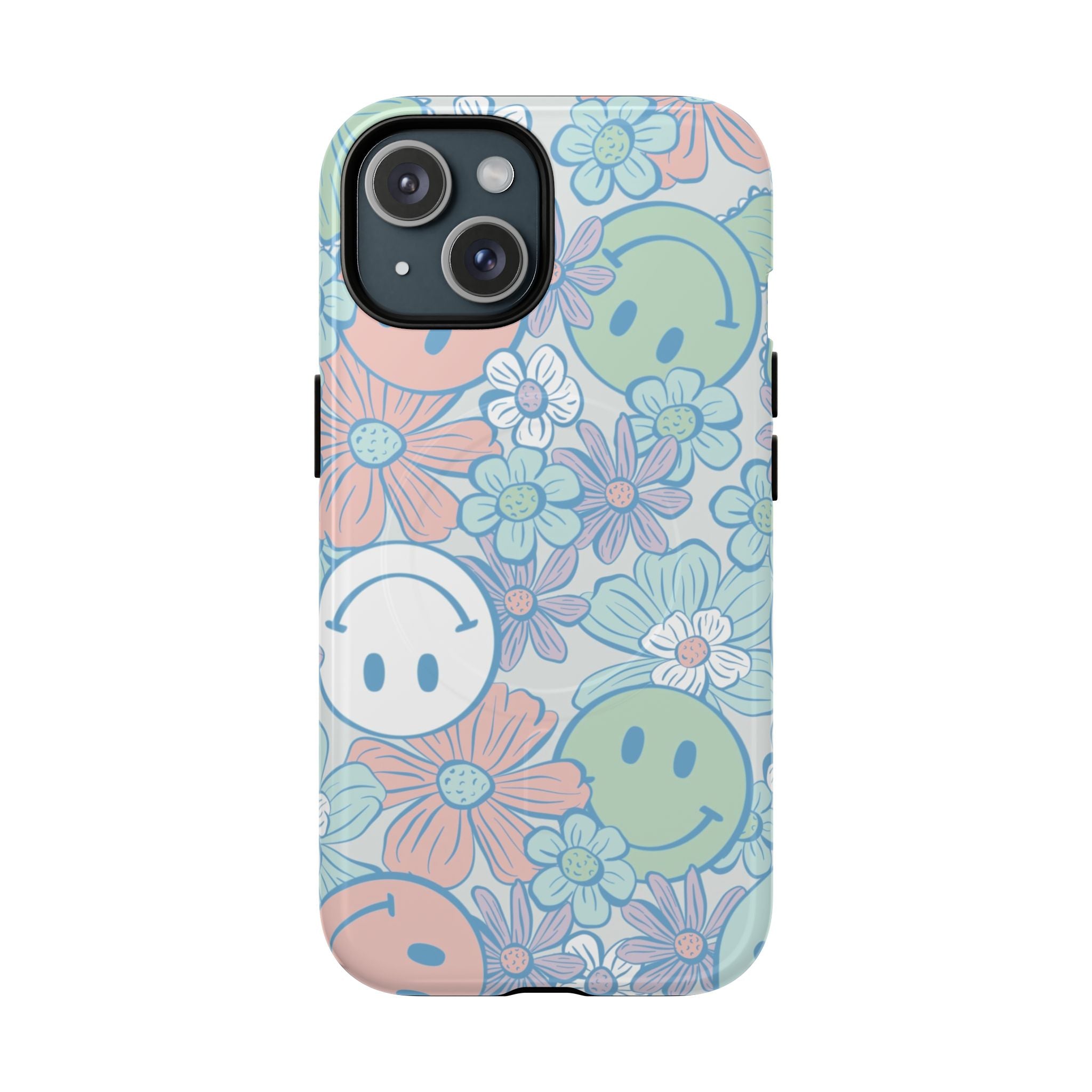 Floral Smiley Magnetic Tough Case — Pastel Flower Phone Case with Happy Face Design