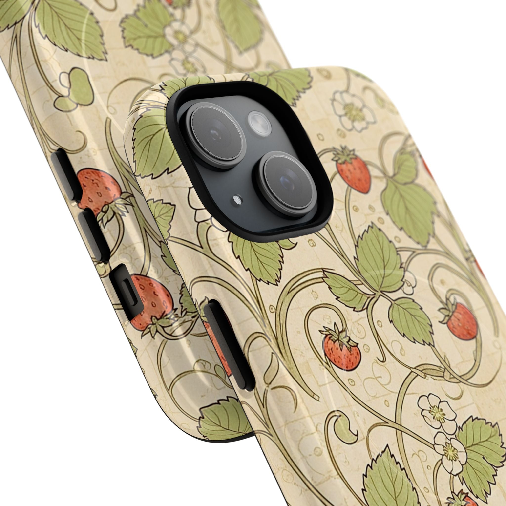 Hand-illustrated strawberry vines with leaves and blossoms on warm parchment background MagSafe-compatible dual-layer iPhone case