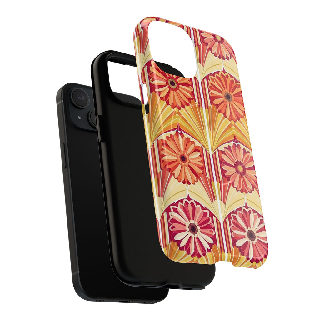 Retro floral phone case showing vintage daisy pattern in orange, coral, and golden yellow