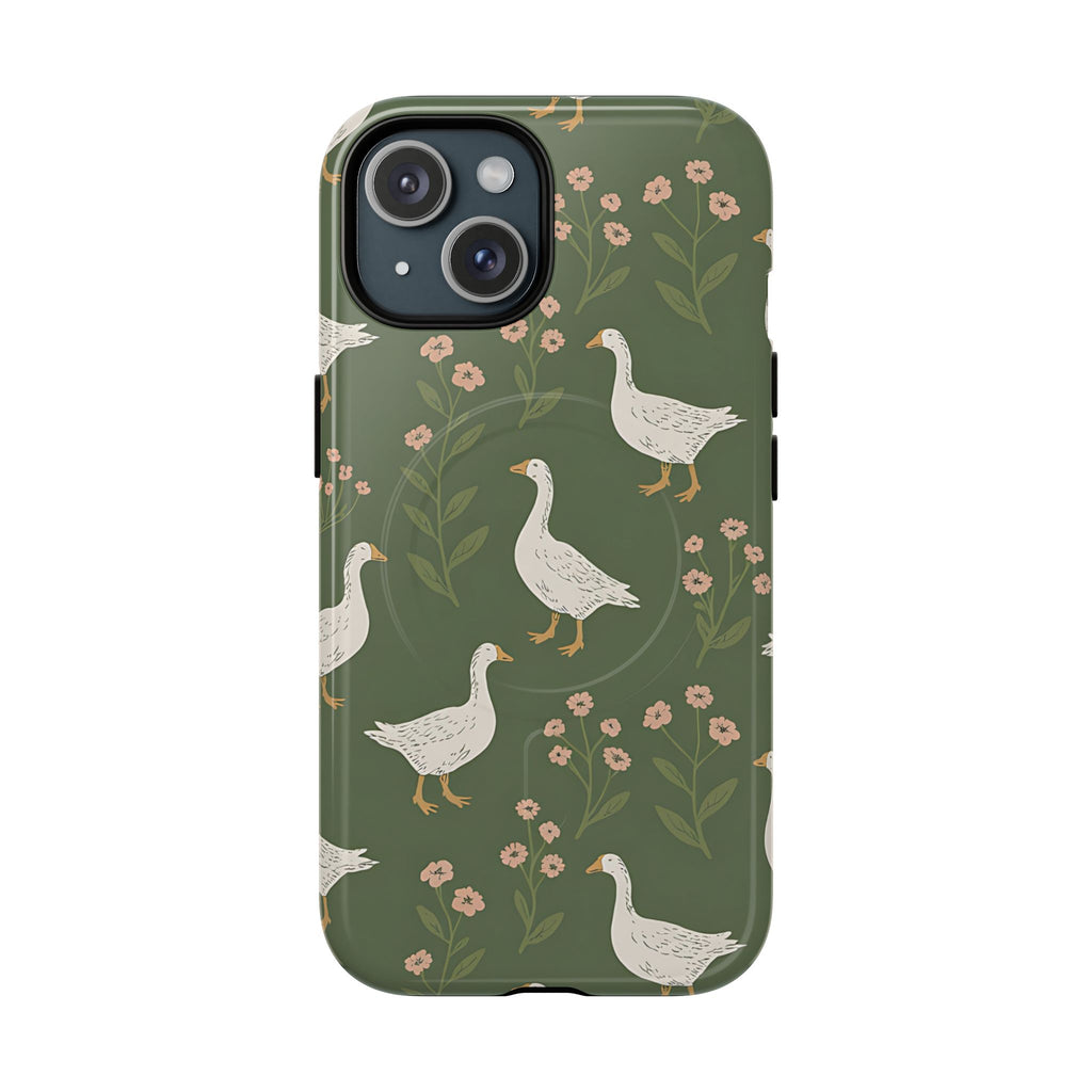 Goose Pattern MagSafe Phone Case on iPhone showing green floral nature design