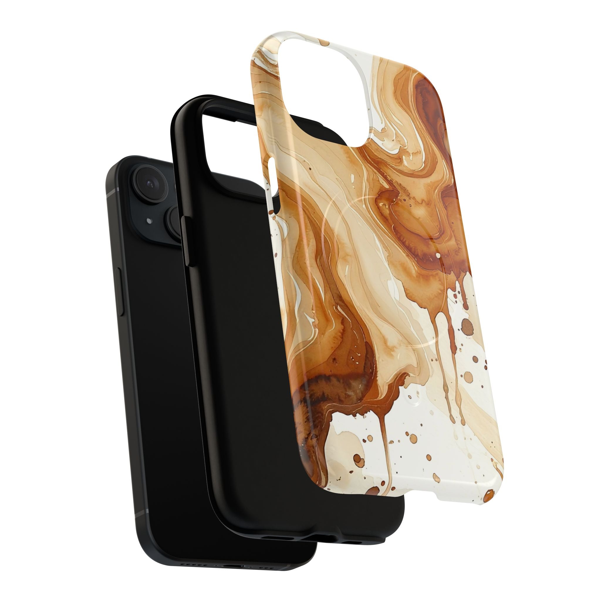 Dual-layer tough magnetic phone case showing caramel marble abstract design