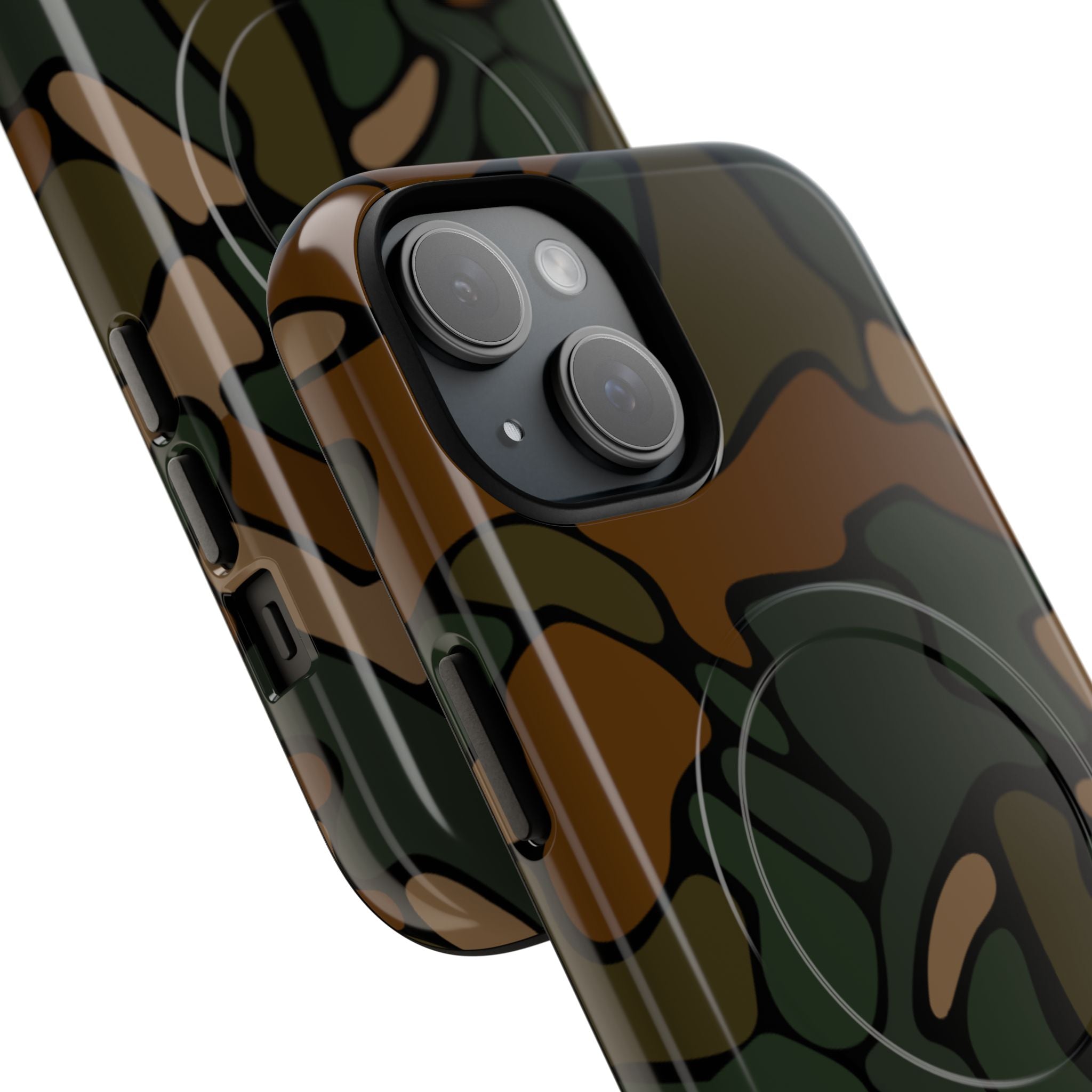 Rugged military green woodland camouflage MagSafe phone case with dual-layer polycarbonate shell and TPU liner, featuring precision cutouts for wireless charging, tactical outdoor protection, and muted camo pattern in glossy or matte finish for iPhone