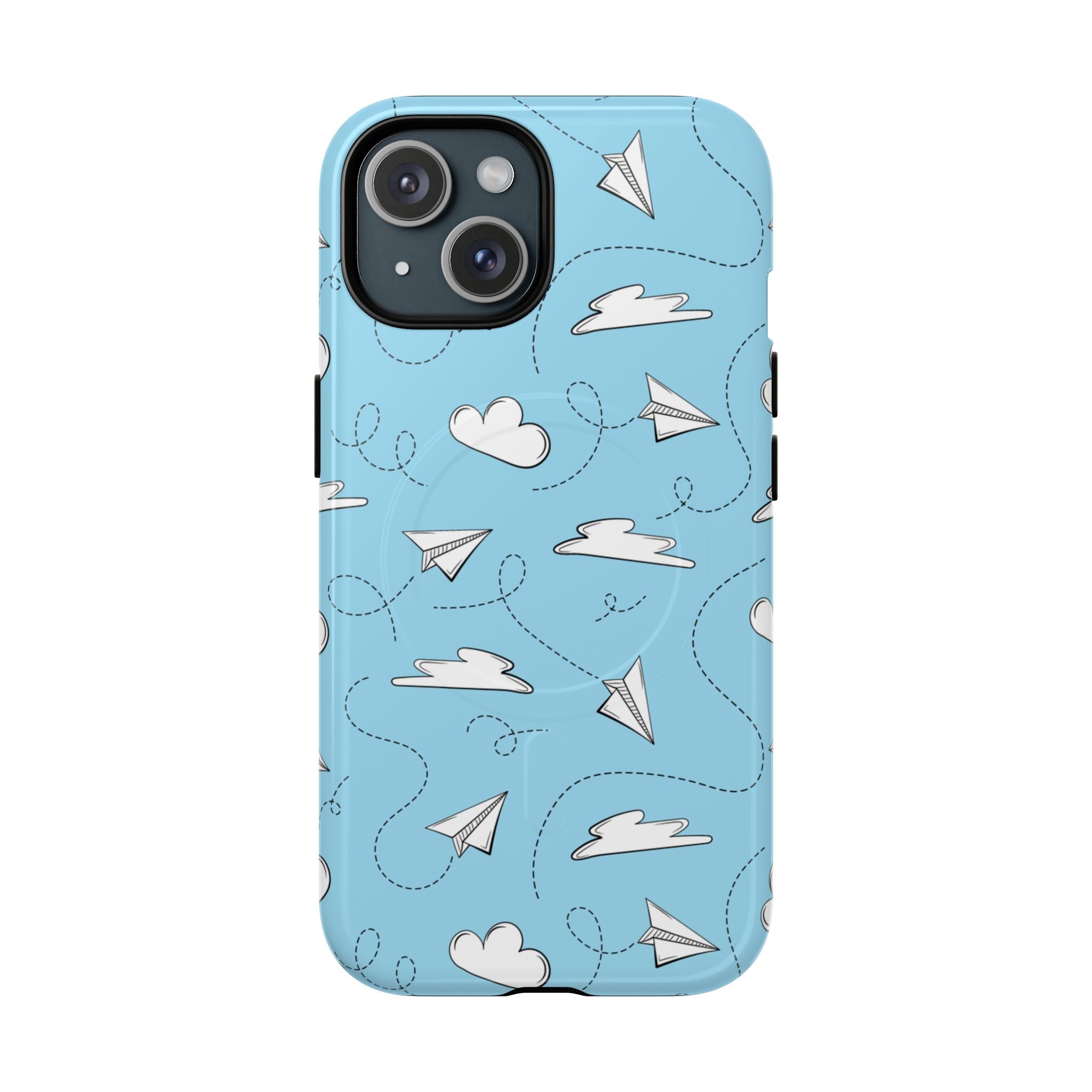Paper Plane Phone Case with sky blue clouds and white paper airplanes