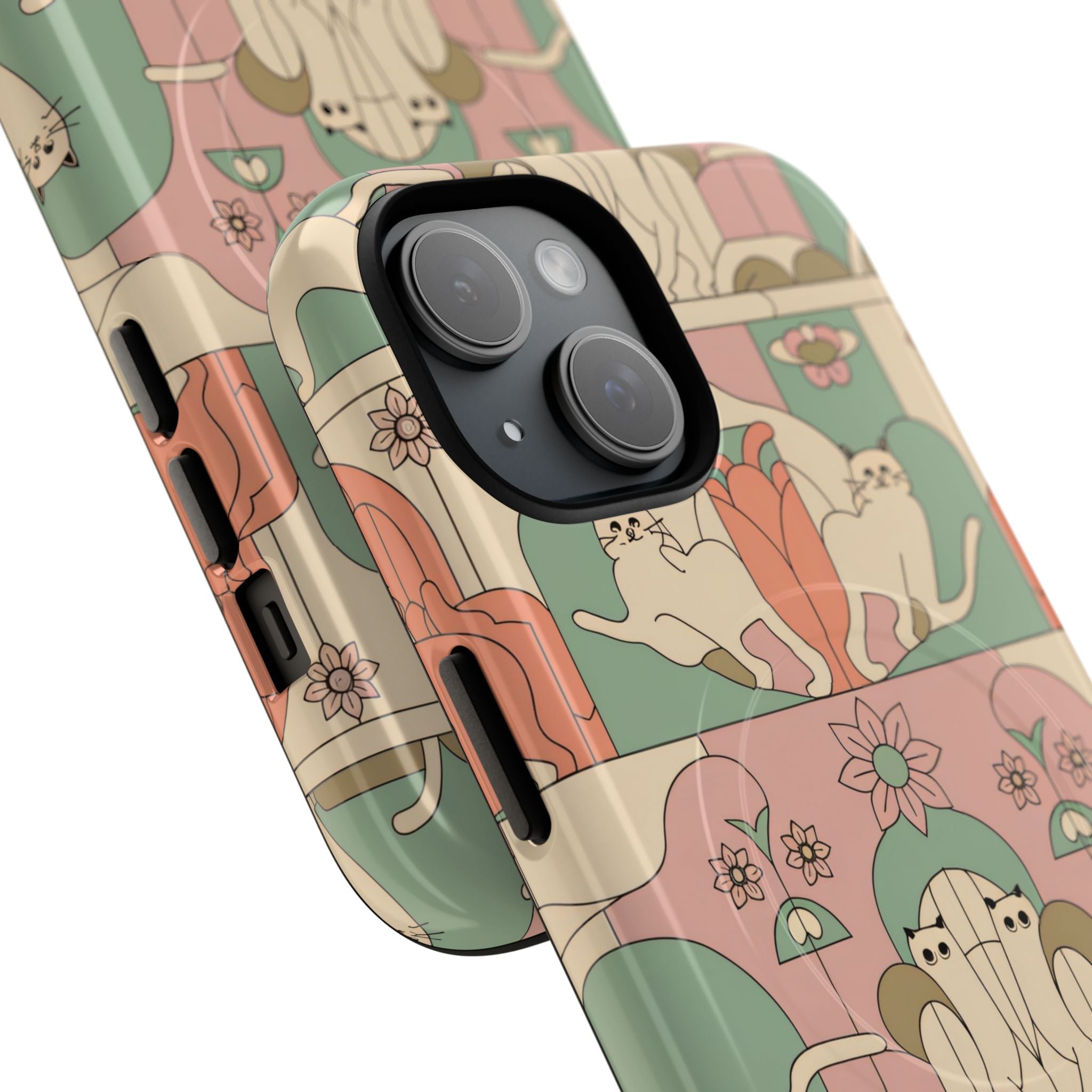 Art Deco-inspired cat pattern in muted green, dusty rose, and cream with architectural motif for vintage phone protection