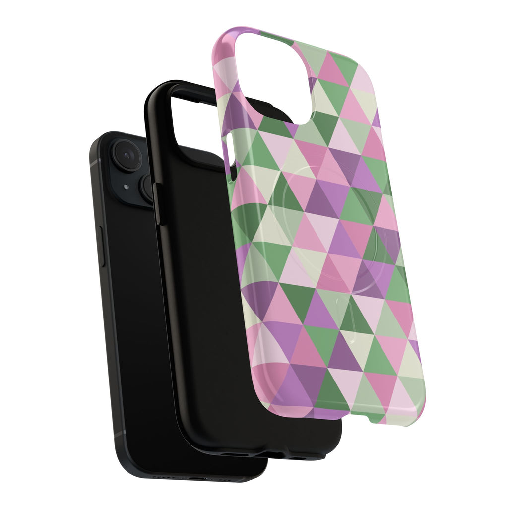 Geometric triangle pattern phone case showing pink, mauve, and sage green chevron design