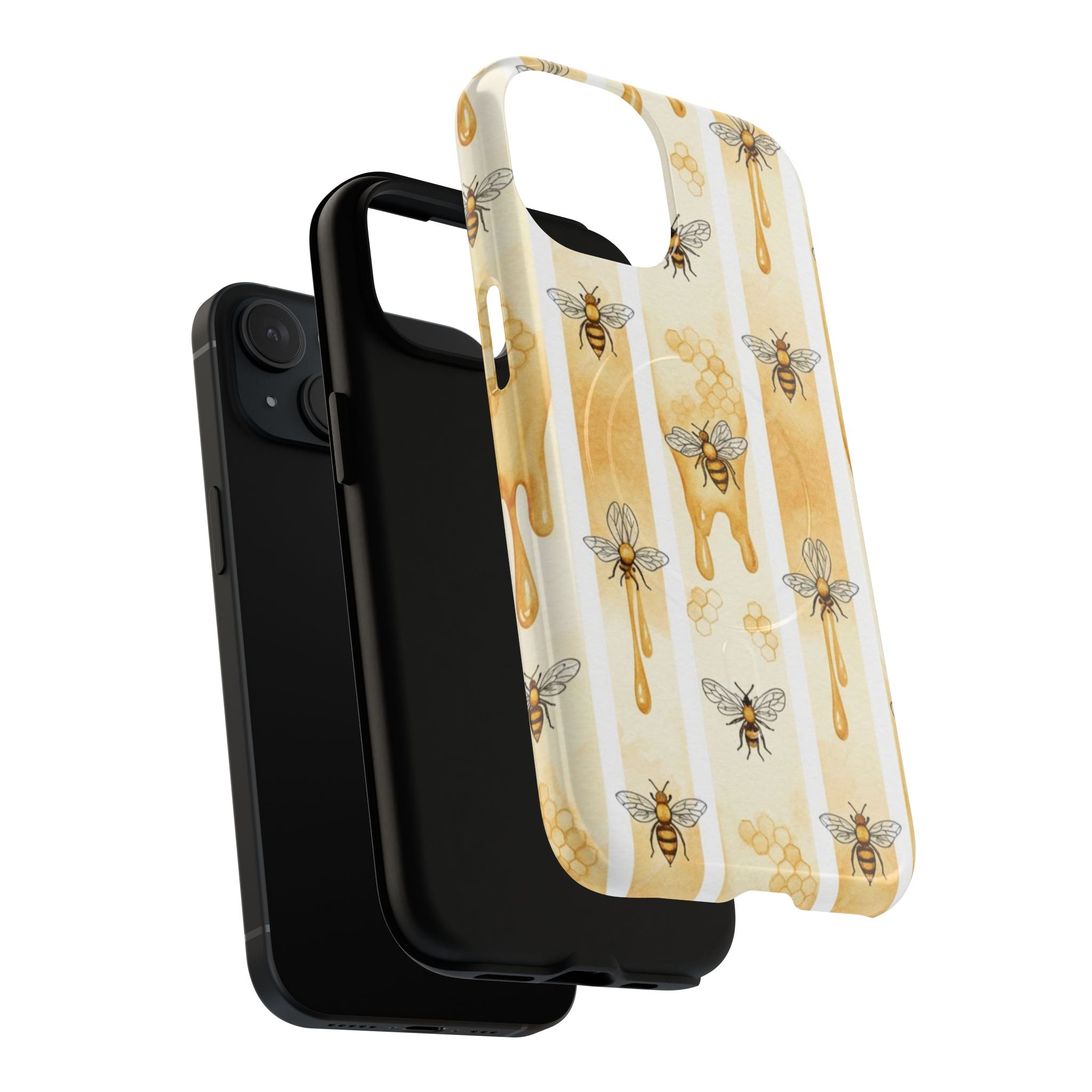  Dual-layer tough magnetic phone case showing honey bee and honeycomb drip design