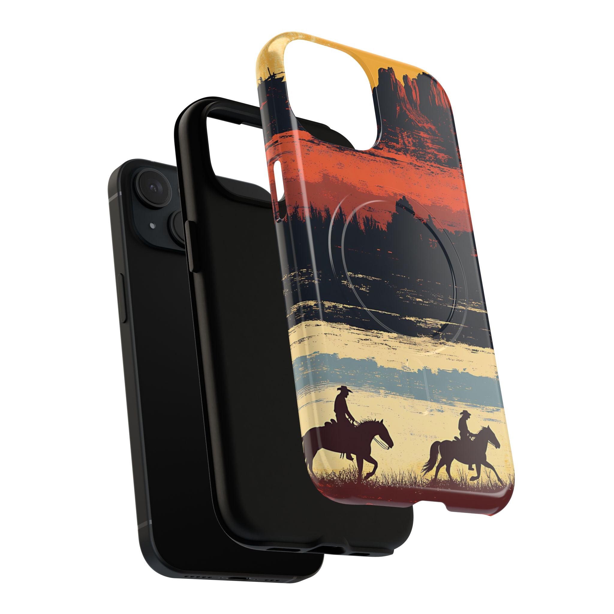 Western desert landscape phone case showing MagSafe compatibility and sunset gradient
