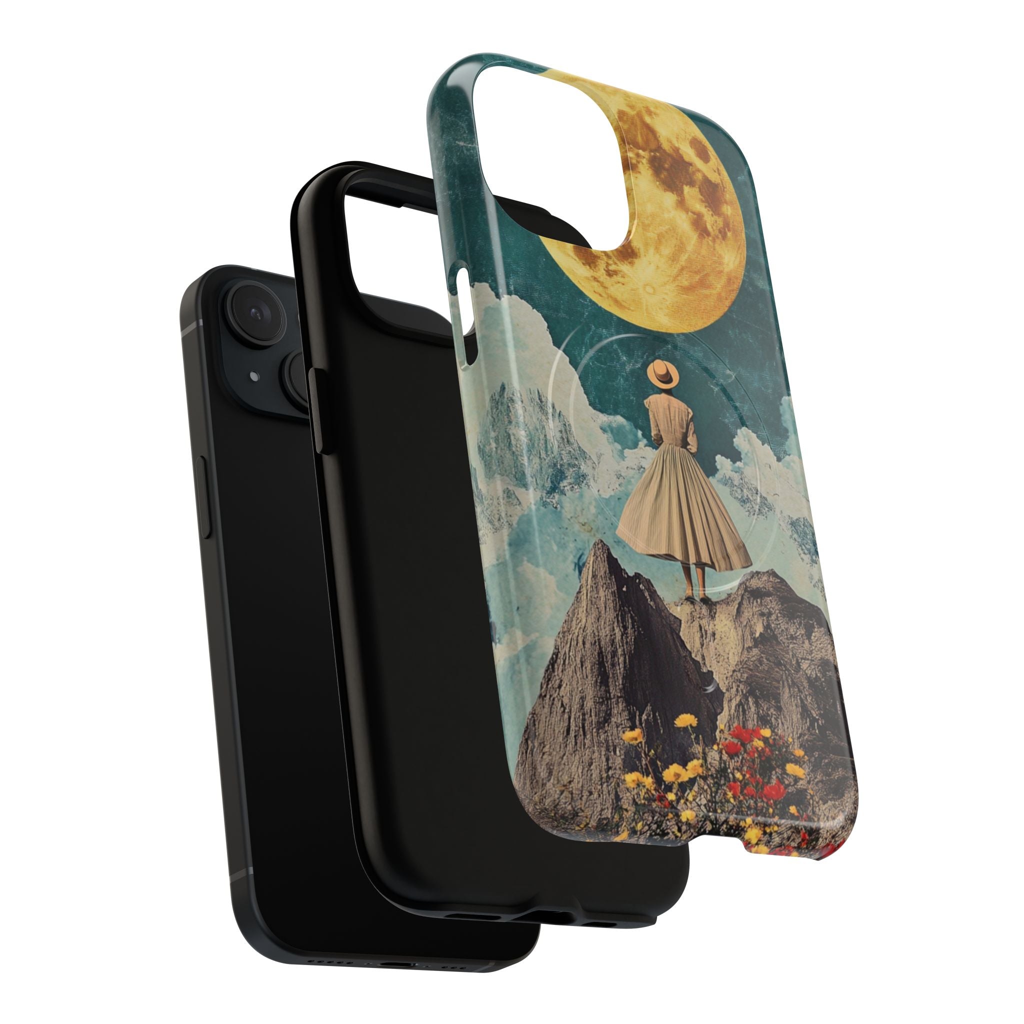  Close-up of vintage moon collage phone case with MagSafe compatibility and surreal artwork
