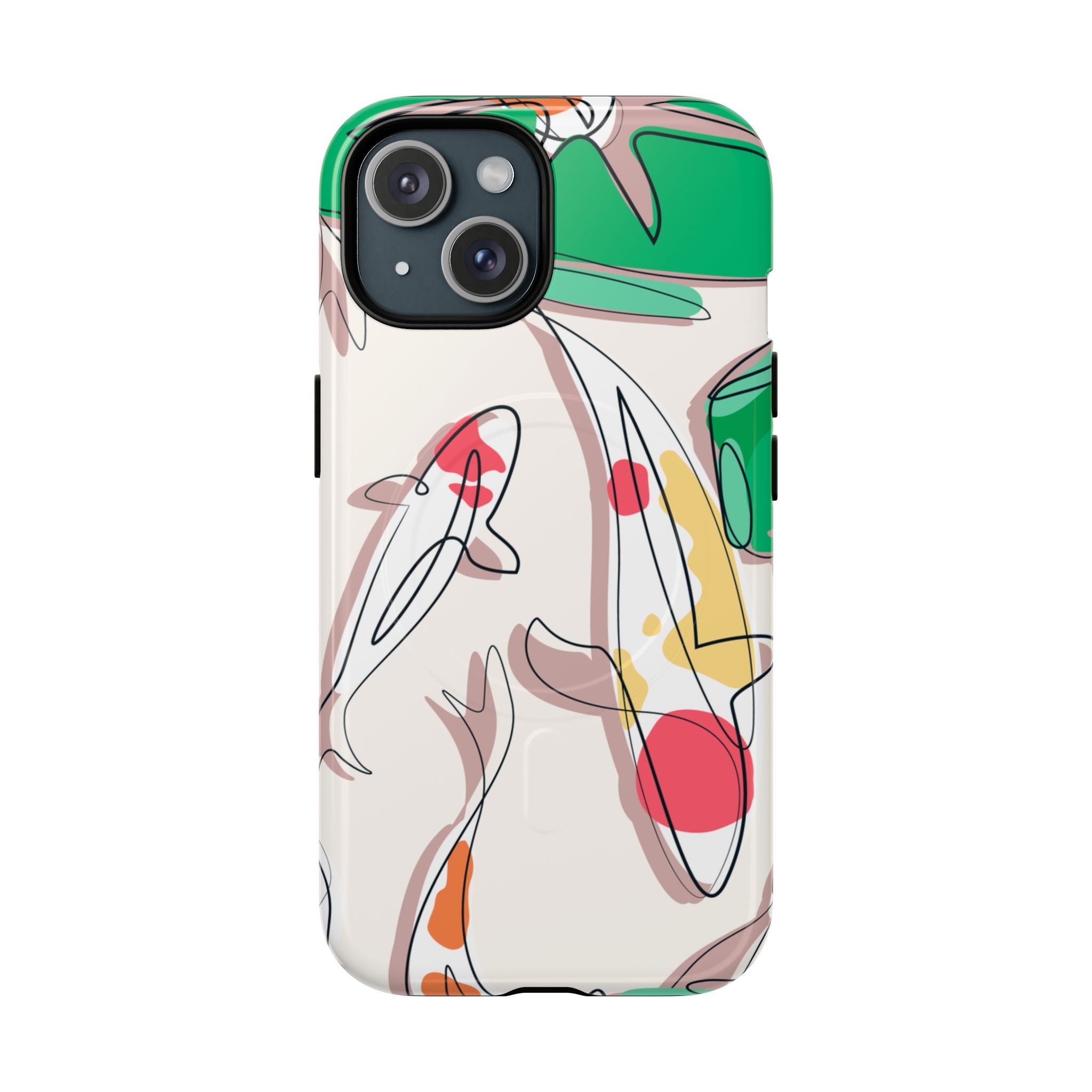 Koi pond MagSafe phone case with hand-drawn colorful fish and lily pads on neutral background