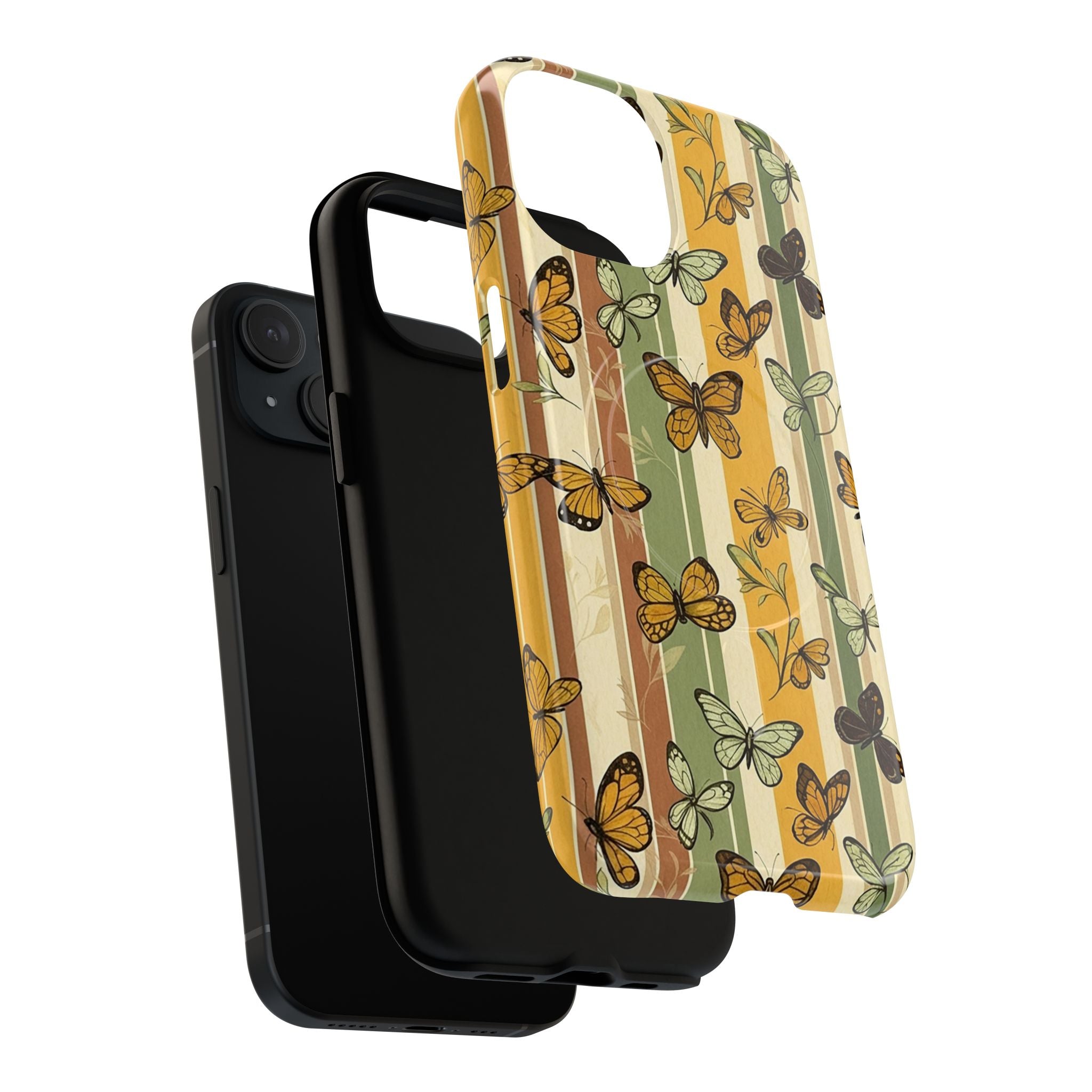 Dual-layer tough magnetic phone case showing butterfly stripes design with glossy finish