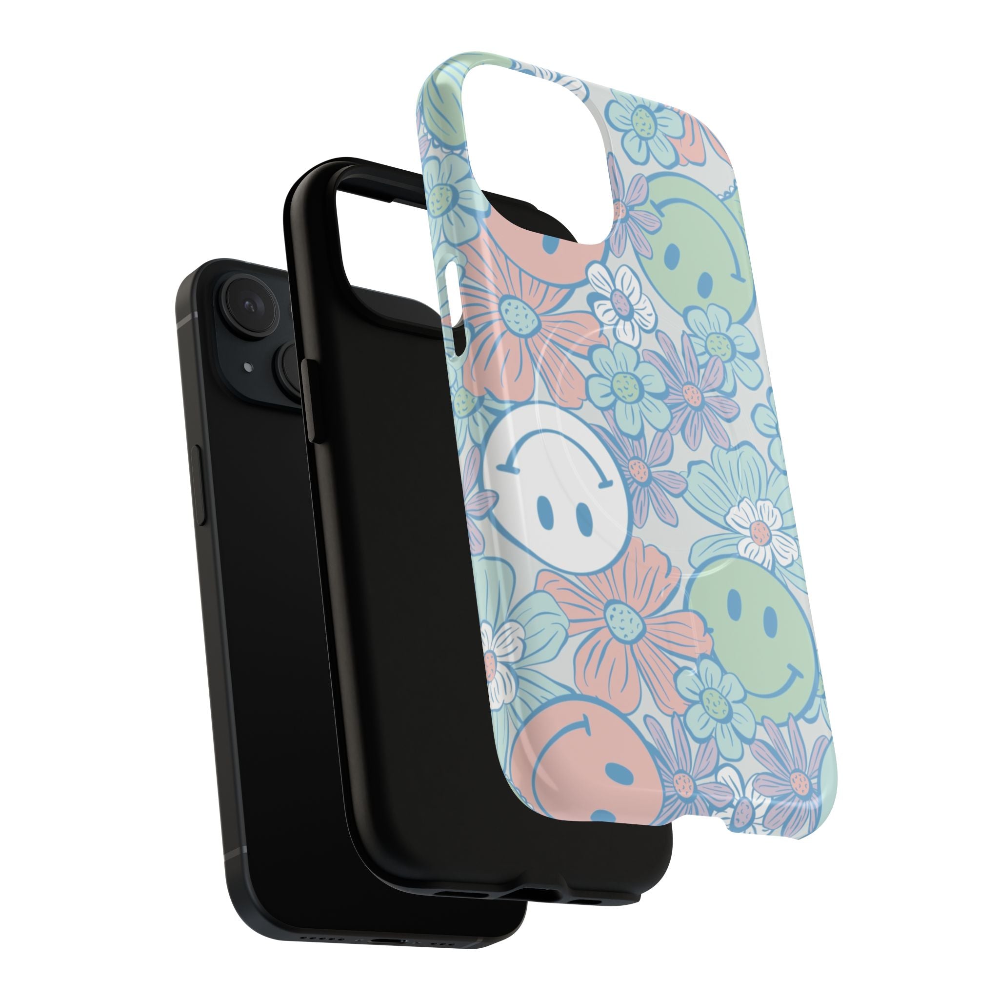 Floral Smiley Magnetic Tough Case — Pastel Flower Phone Case with Happy Face Design