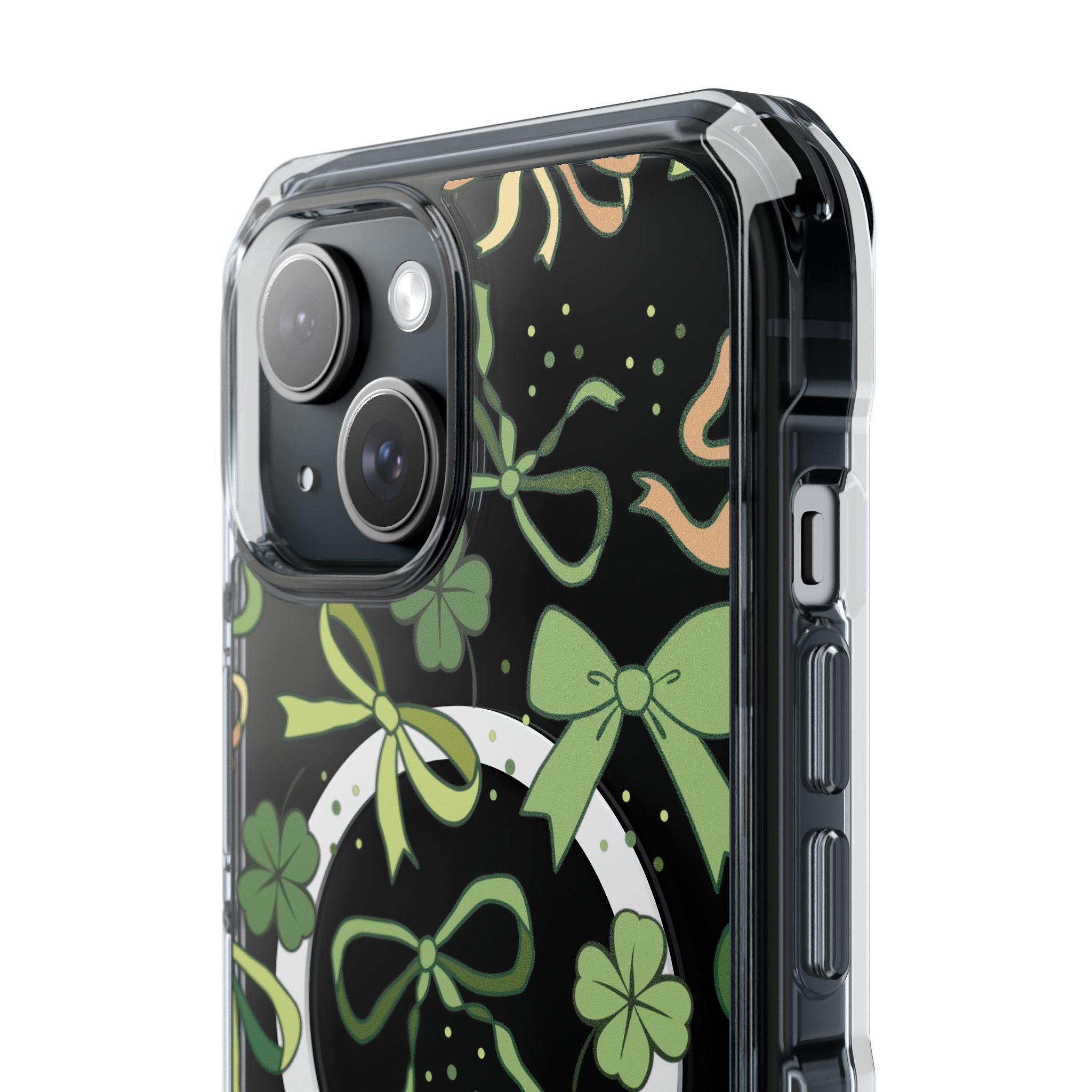 St. Patrick's Day Clear Magnetic Phone Case with green bows and lucky clovers