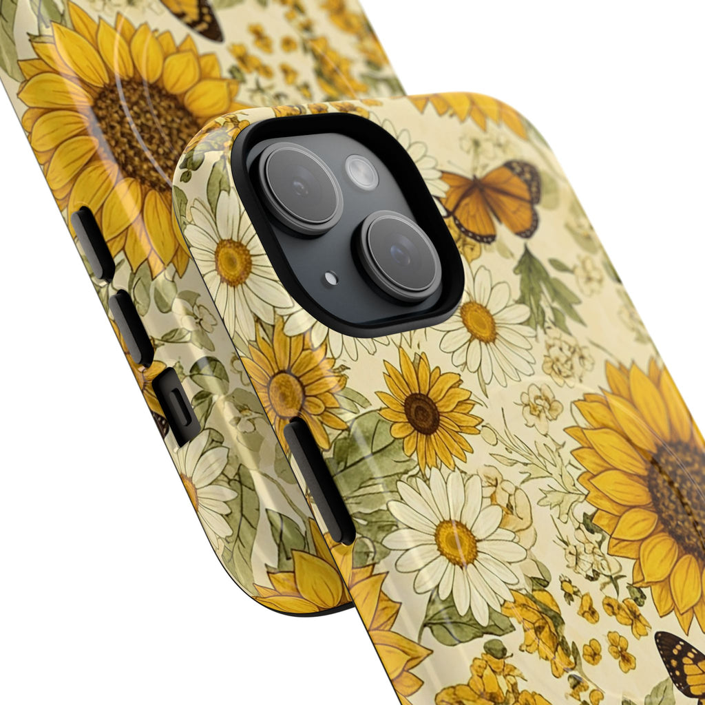 Vintage sunflower and daisy phone case with dual-layer polycarbonate shell and TPU silicone liner, golden sunflowers and monarch butterflies on cream background, MagSafe compatible wireless charging, warm floral garden aesthetic in glossy or matte finish for iPhone 17 series
