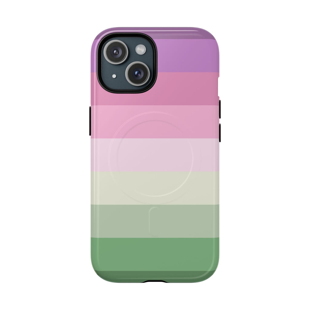MagSafe tough phone case in pastel sunset stripes with lavender, blush, cream, and sage horizontal bands