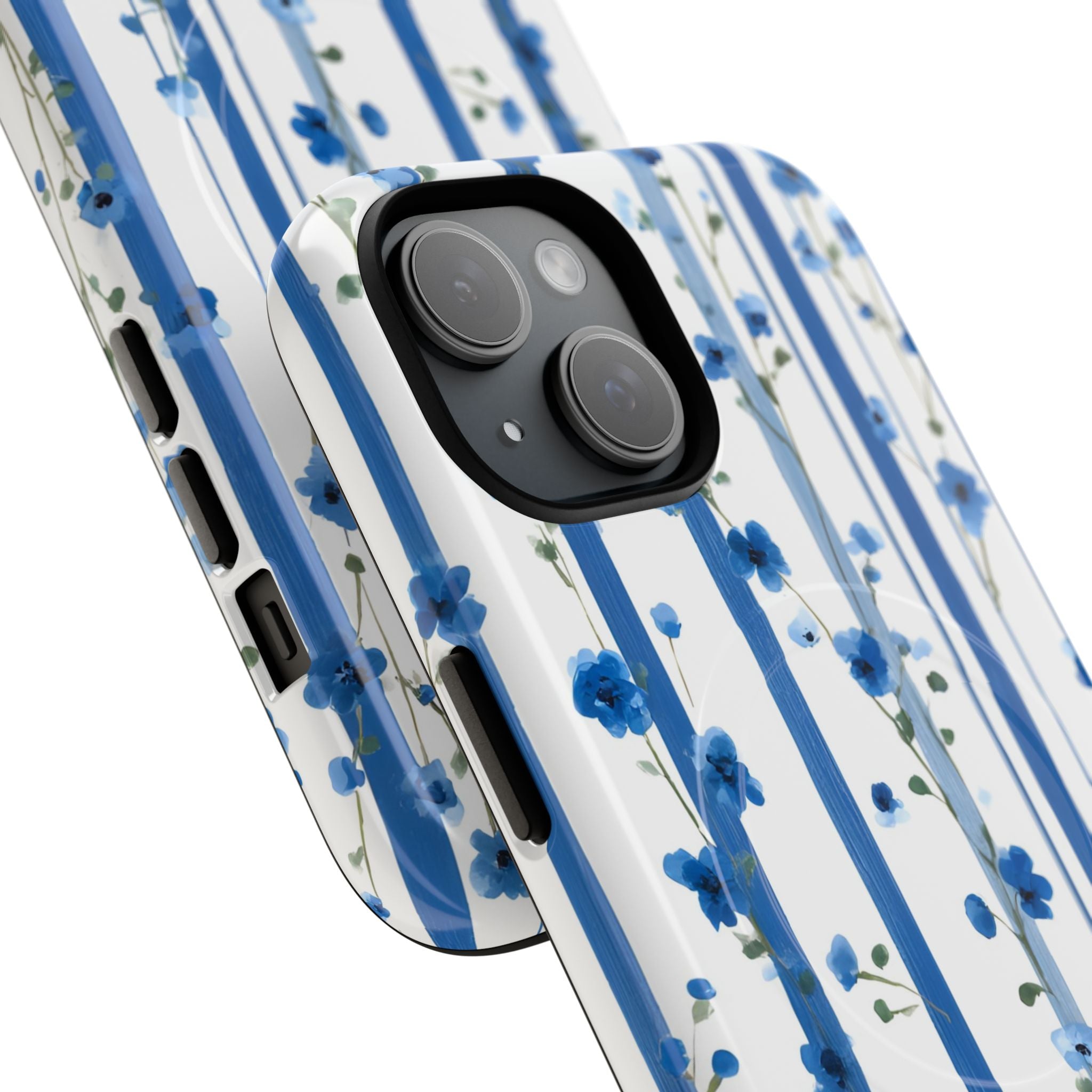  Hand-painted blue and white vertical stripes with delicate pastel floral blooms in soft pink, peach, and cream tones creating a cottage-core garden aesthetic on dual-layer MagSafe-compatible protective phone case