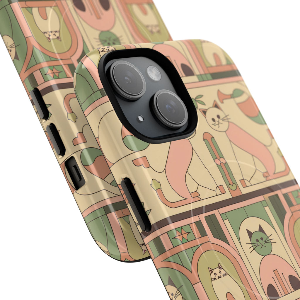 Vintage-inspired cat motifs in muted pink, green, and cream arranged in Art Deco tiled pattern for nostalgic phone protection