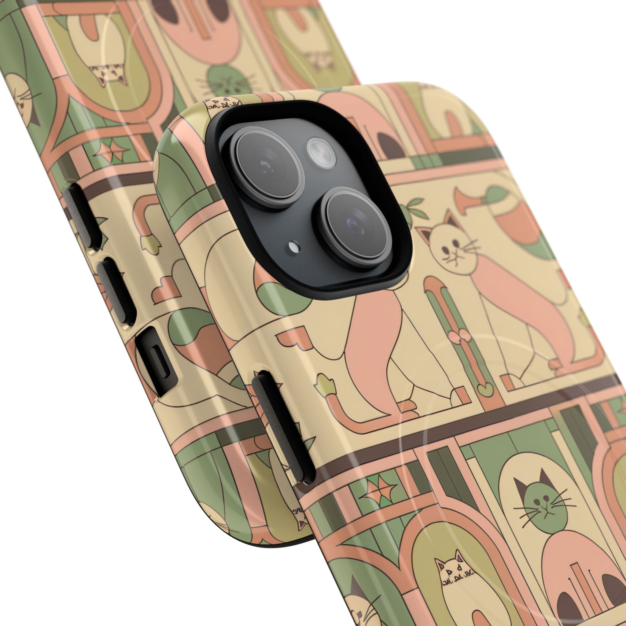 Vintage-inspired cat motifs in muted pink, green, and cream arranged in Art Deco tiled pattern for nostalgic phone protection