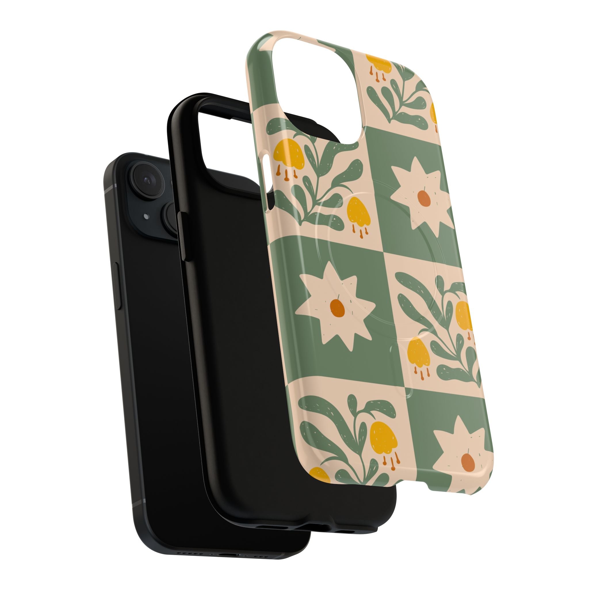 Floral Checkmate Tough Magnetic Phone Case — Green Vintage Daisy Pattern