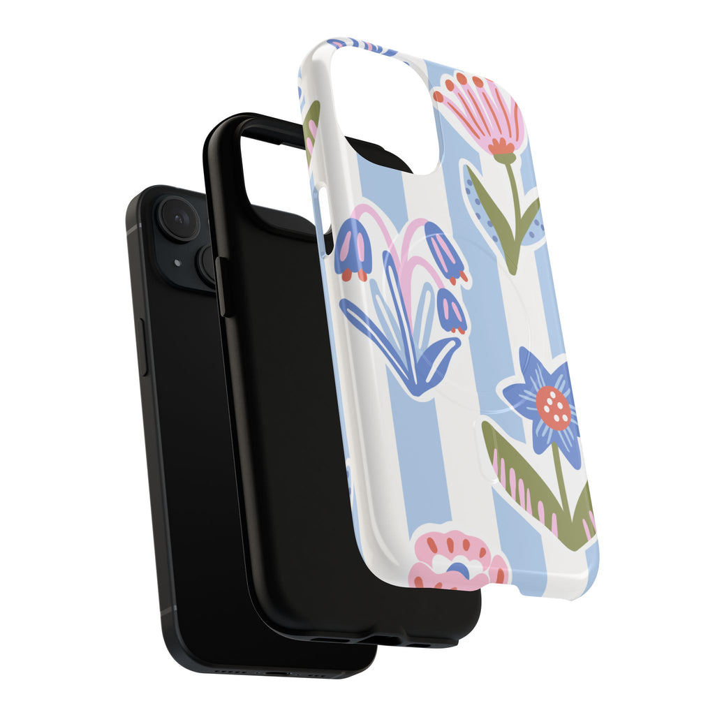 Blue floral stripe tough case showing MagSafe compatibility and dual-layer construction