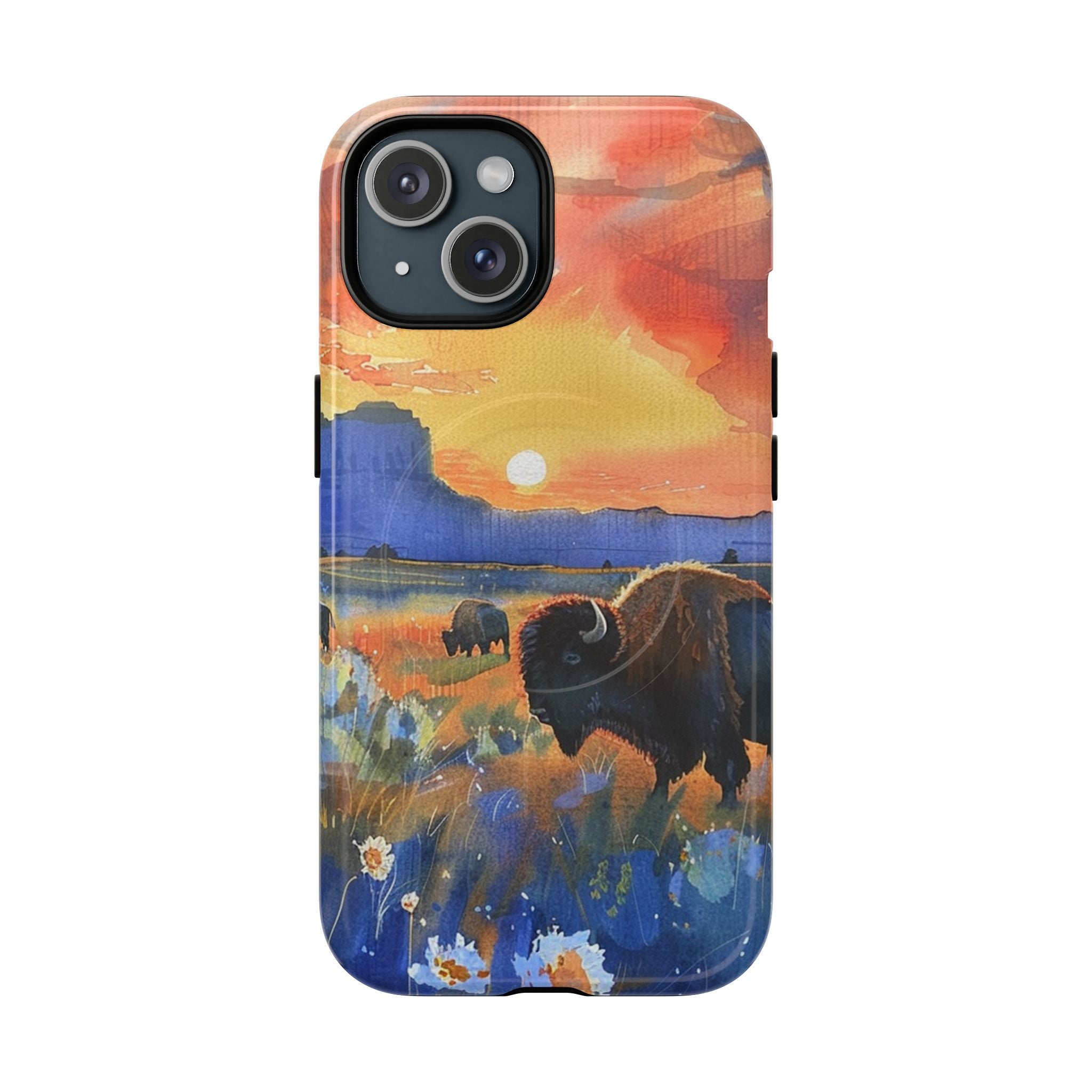 Bison Sunset MagSafe iPhone case on phone