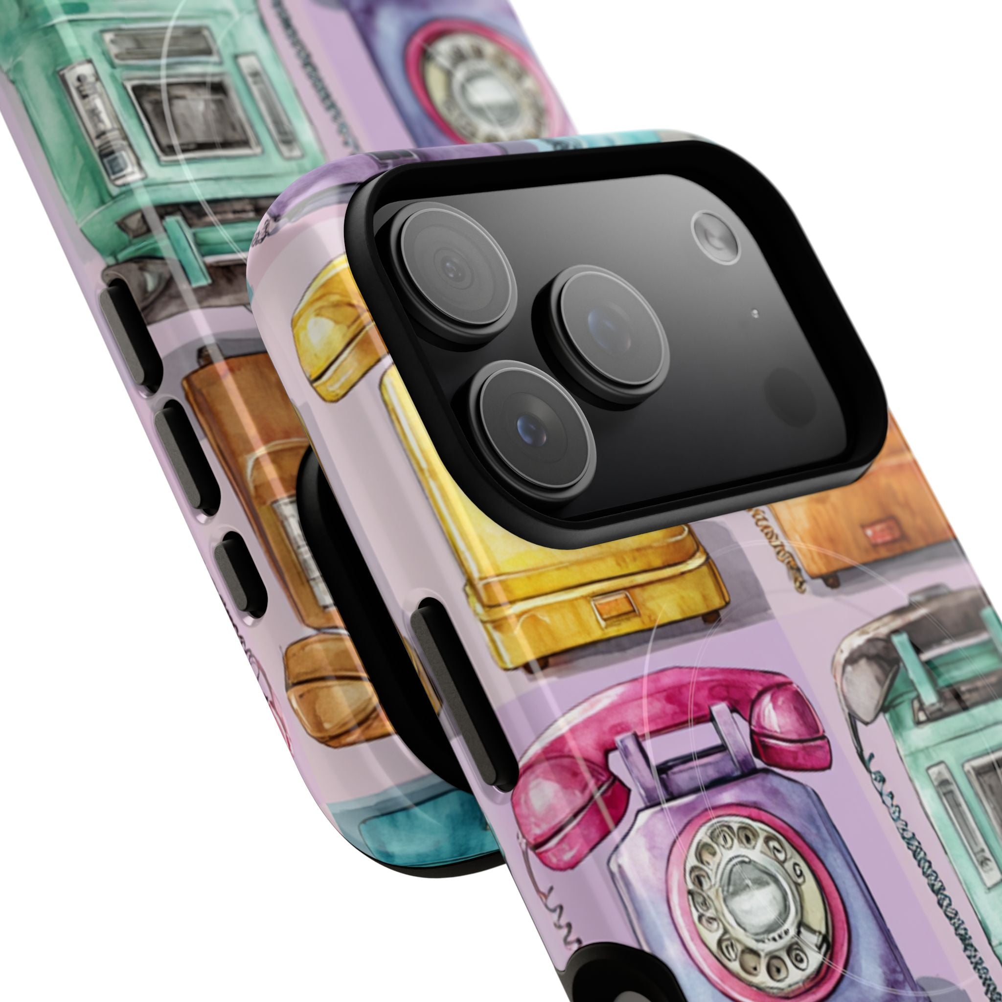 Retro Telephones Art iPhone Case – Colorful Vintage Phone Pattern | Wild Root Cases for iPhone 14 & Newer