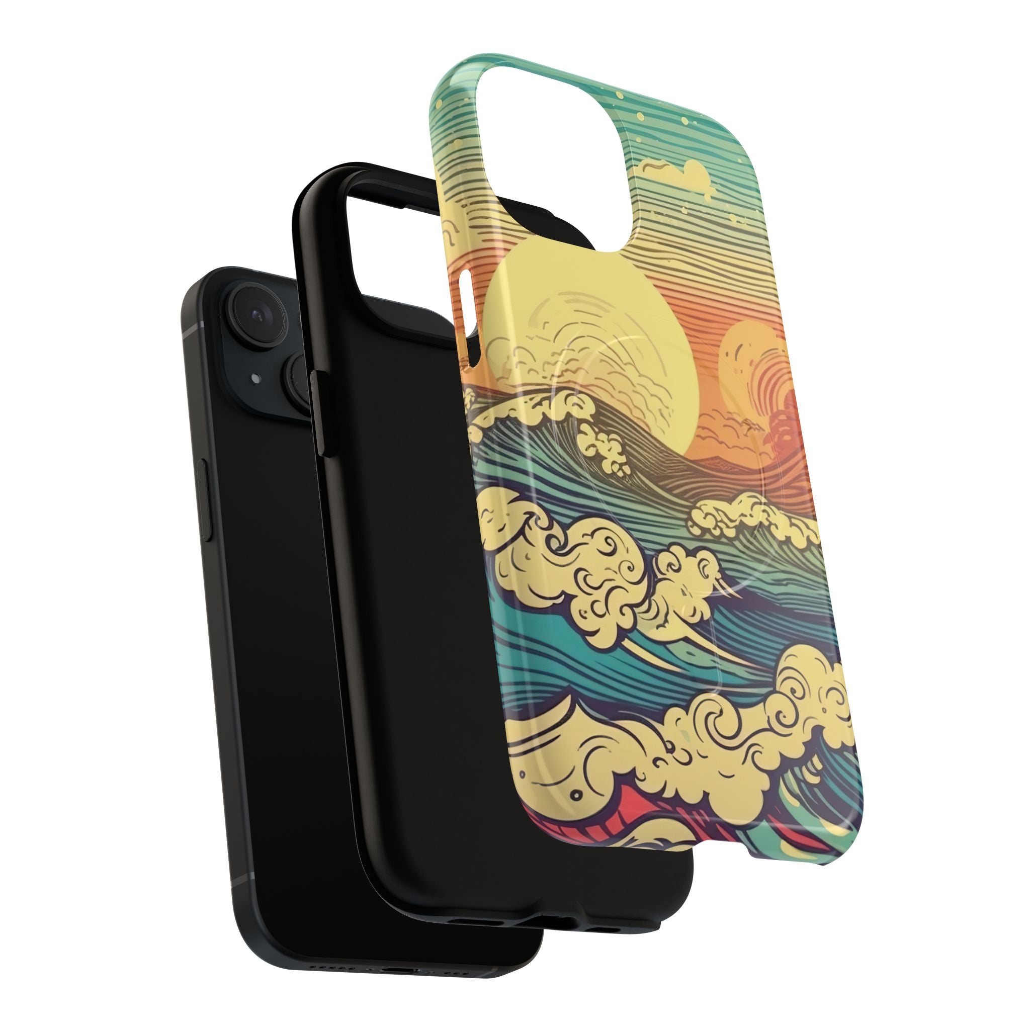 MagSafe compatible ocean sunset phone case showing magnetic attachment and precision port access