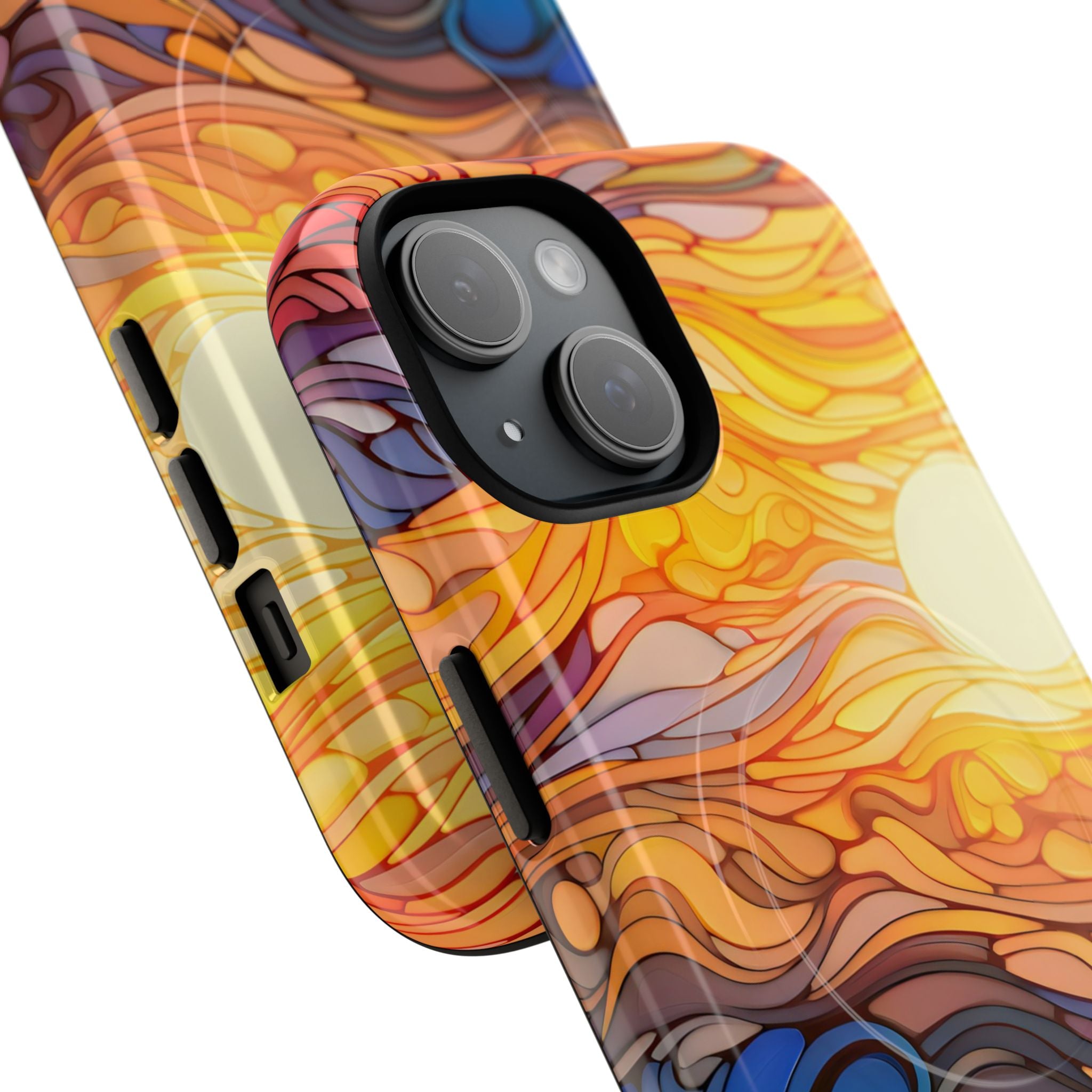 Abstract ocean sunset with warm oranges and golds melting into deep indigo waves on MagSafe-compatible dual-layer iPhone case