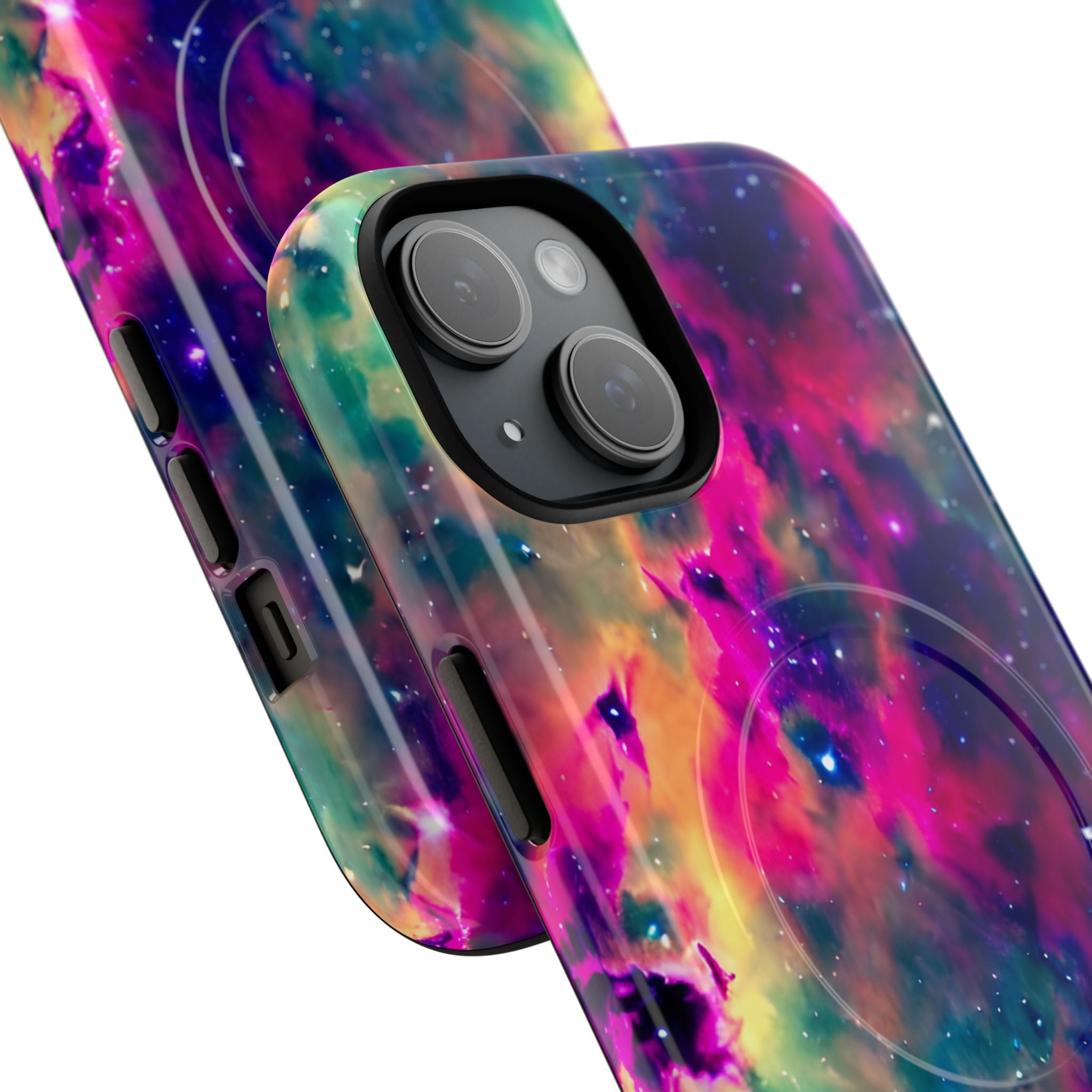 Vibrant cosmic nebula pattern with neon pink, electric blue, and gold swirls for bold space-inspired phone protection